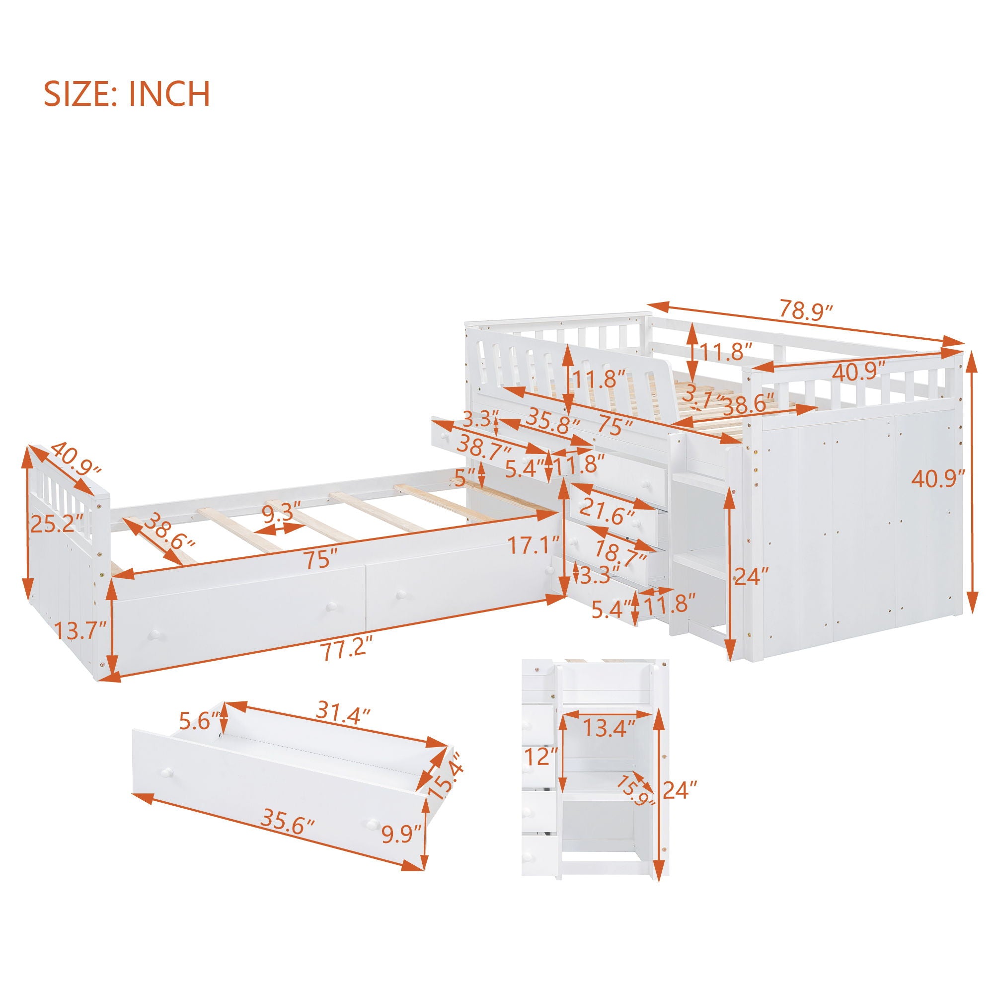 Loft Platform Bed With 7 Drawers And Full Guardrails, Modern L Shaped Space Savin