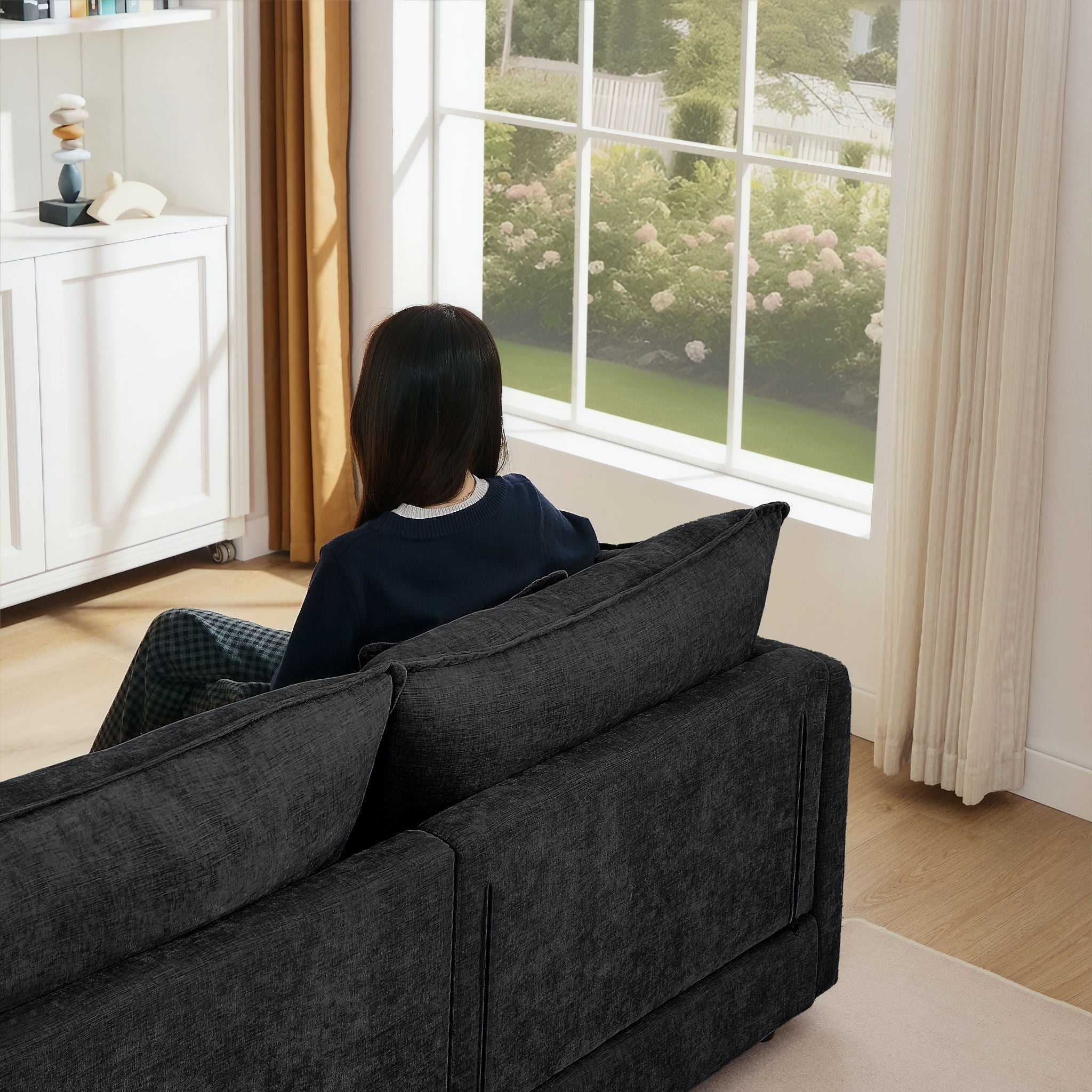 Modular L-Shaped Sectional Sofa Set With Movable Ottoman - Black