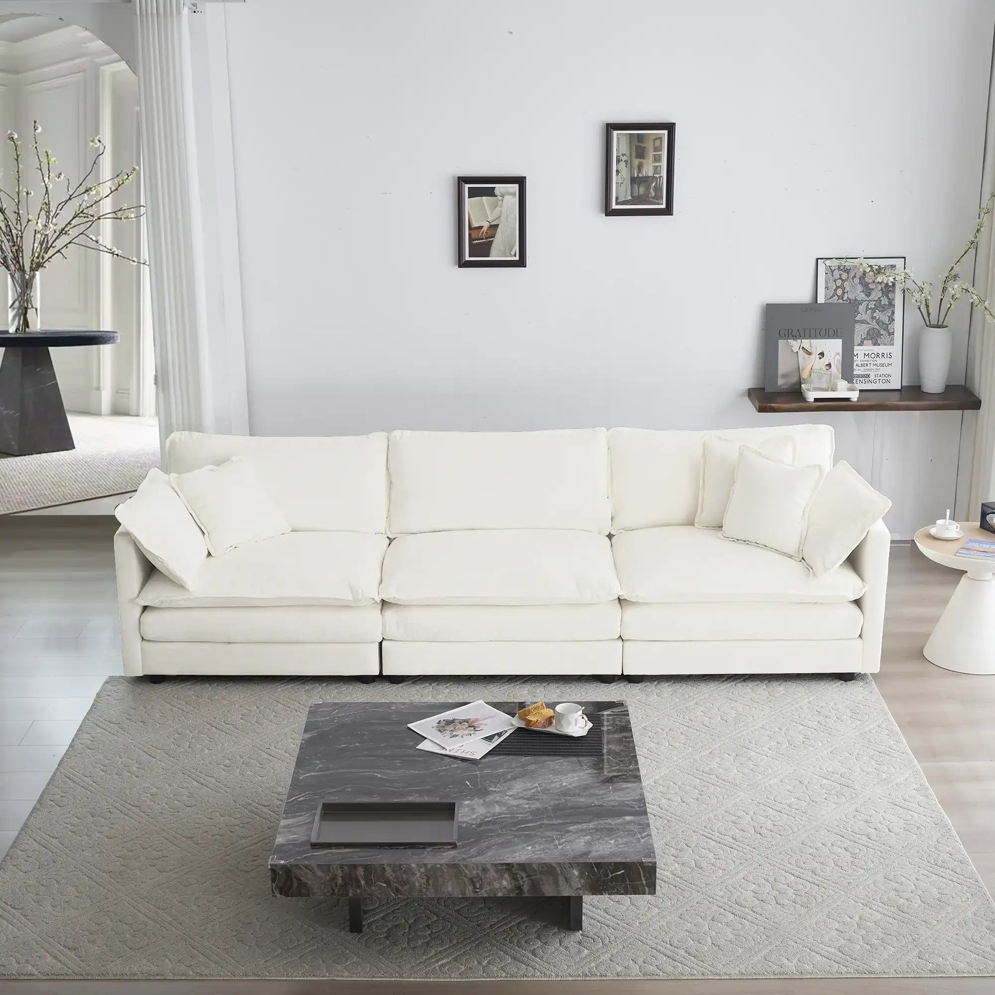 Mid-Century Modern 3-Seater Chenille Couch, White