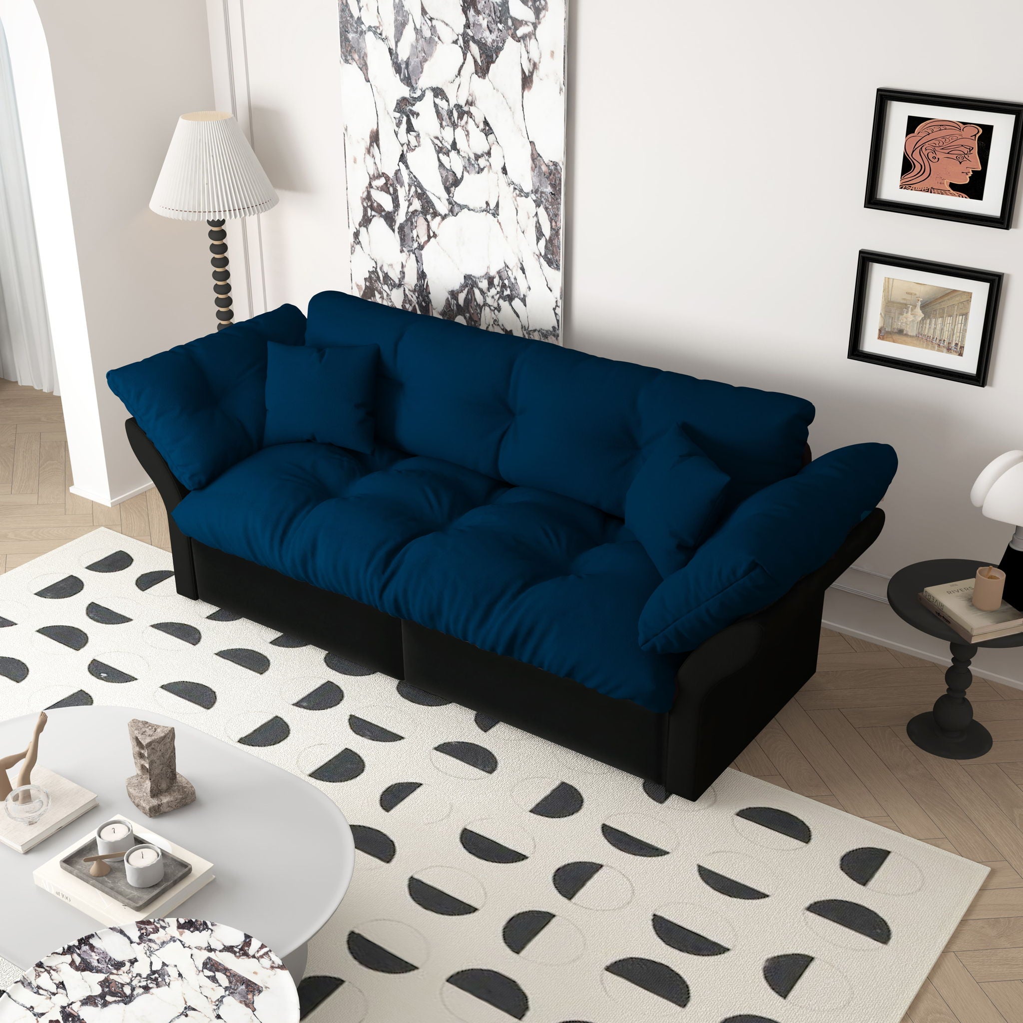 Queen Pull Out Sofa Bed, 3 In 1 Convertible Sleeper Tufted Sofa & 2 Soft Pillows - Blue
