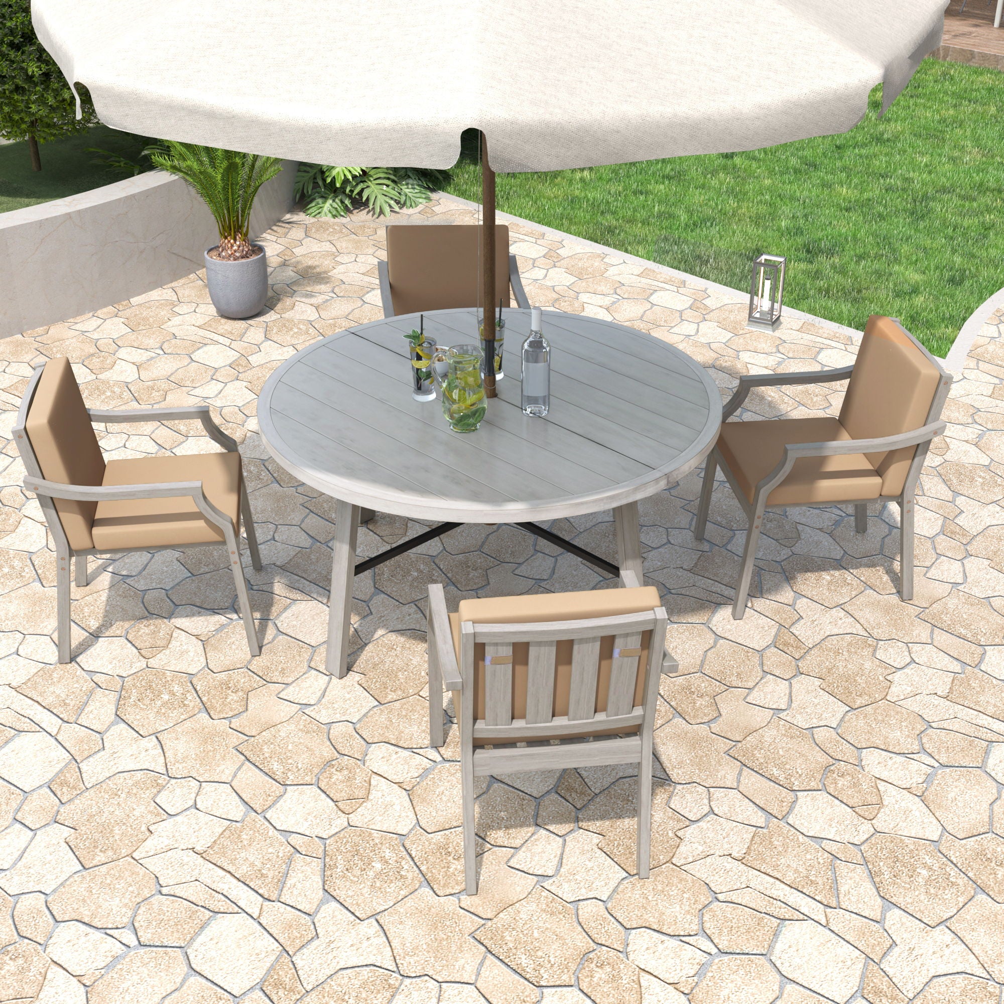4 Person Outdoor Dining Set With Umbrella Hole And Removable Cushions For Patio - Gray