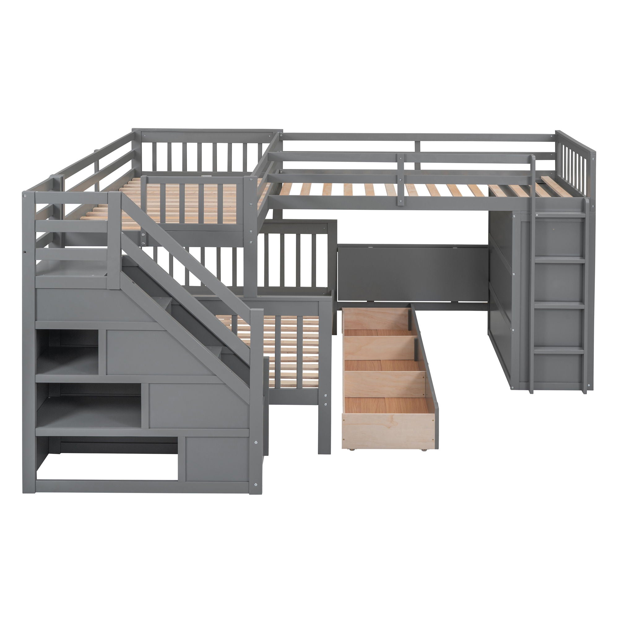 L Shaped Bunk Bed With 3 Drawers, Portable Desk And Wardrobe