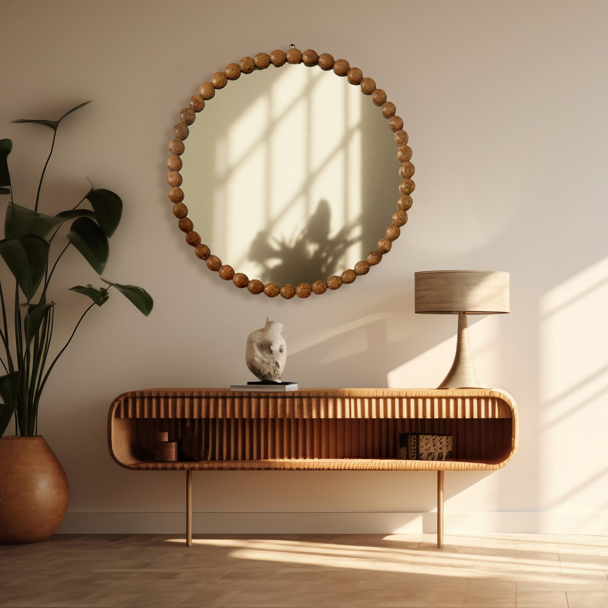 32-Inch Wooden Beaded Round Wall Mirror