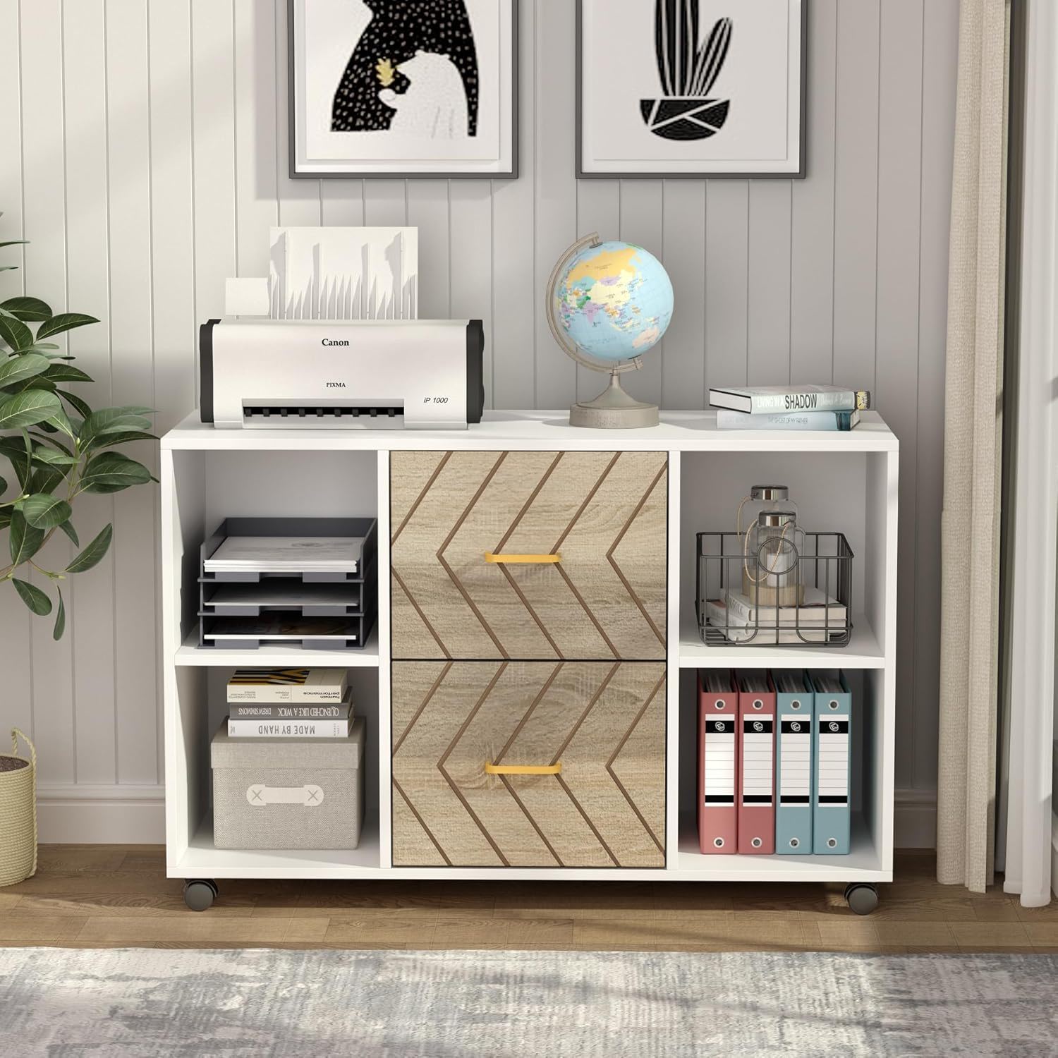Large Mobile Lateral File Cabinet With 2 Drawers, Printer Stand & Storage Shelves, For Letter Size Files - White / Oak