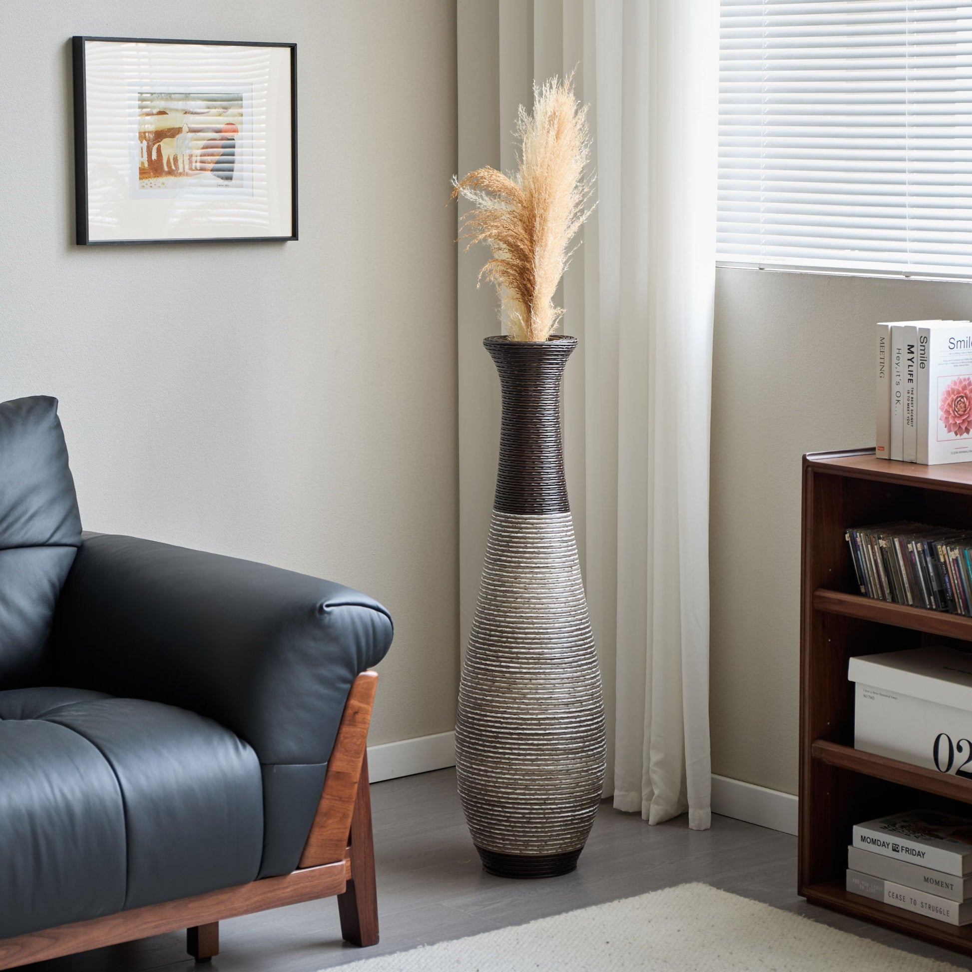 Tall Standing Designer Floor Vase Durable Artificial Rattan Elegant 2 Tone Finish Ideal Decor Accent For Living Room, Bedroom, Entryway Stylish Home Decor Statement Piece - Black / Gray - Best Buy Furniture