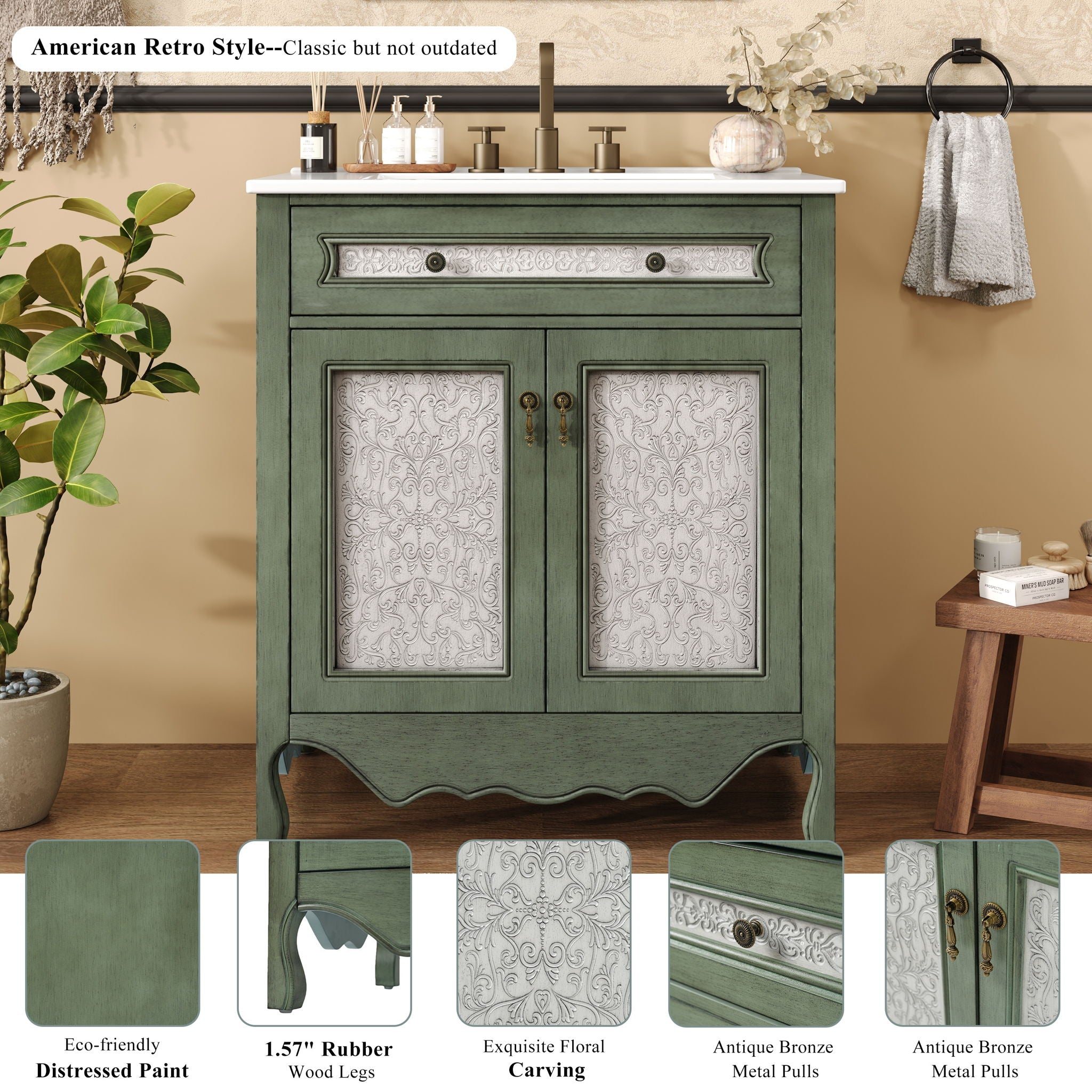 Bathroom Vanity With Rectangle Sink, Tip Out Tray - Antique Blue Green
