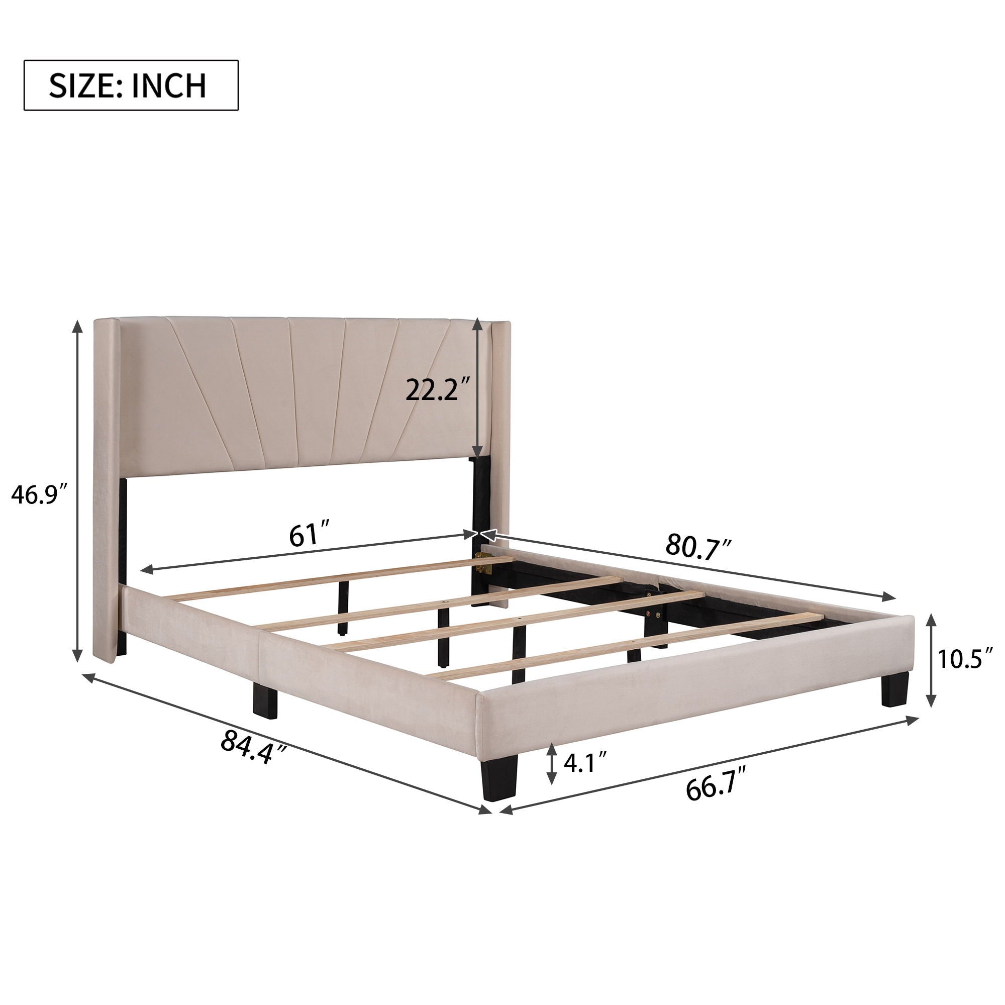 Velvet Upholstered Platform Bed, Box Spring Needed