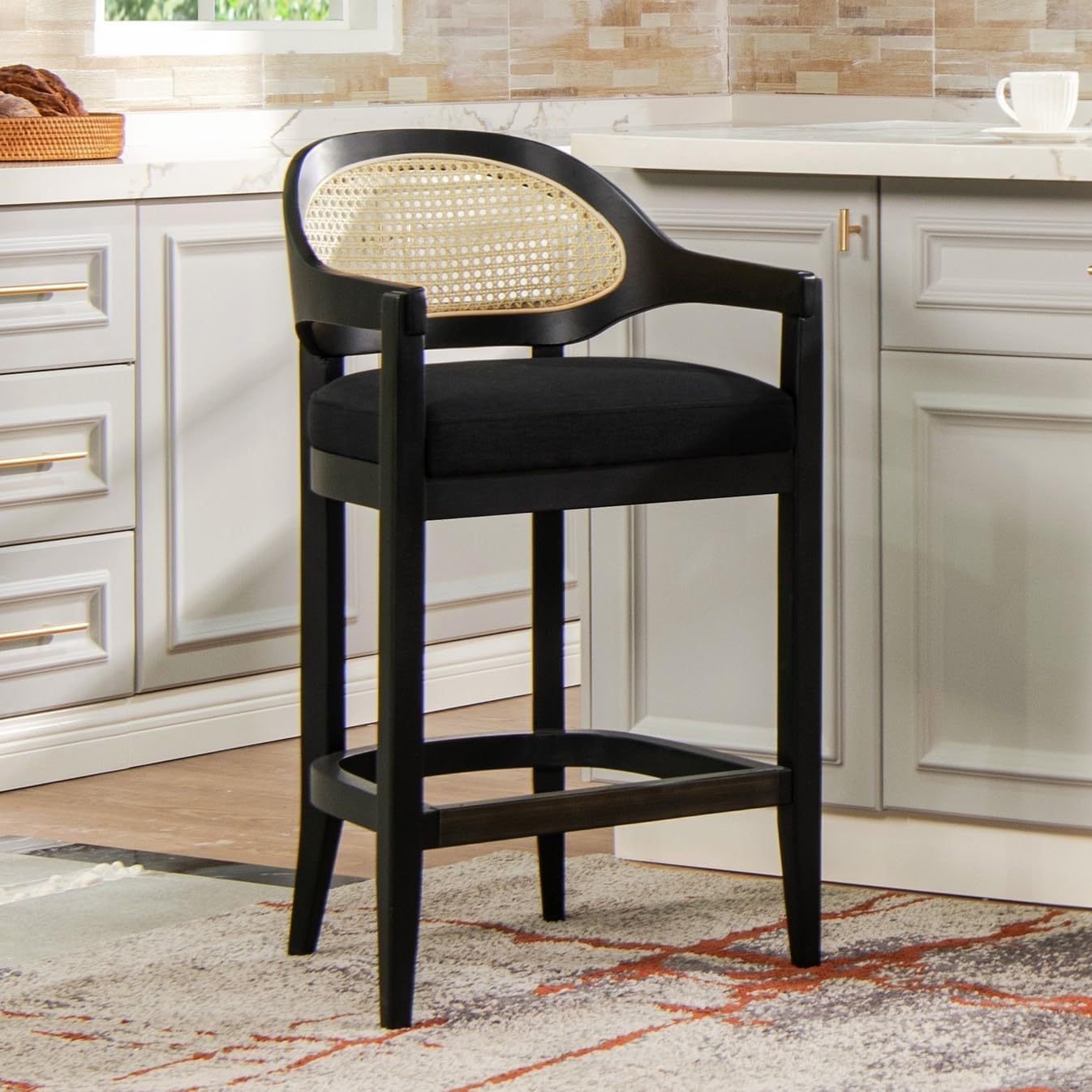 Americana Mid-Century Modern 30.5' Cane Back Bar Stool, Jet Black