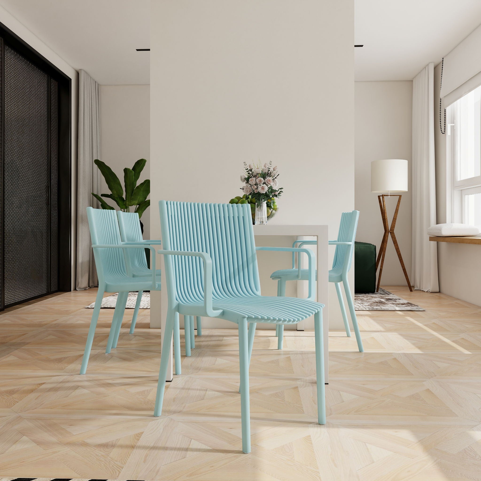 4 Modern Stackable Armchair Matched With Long Table