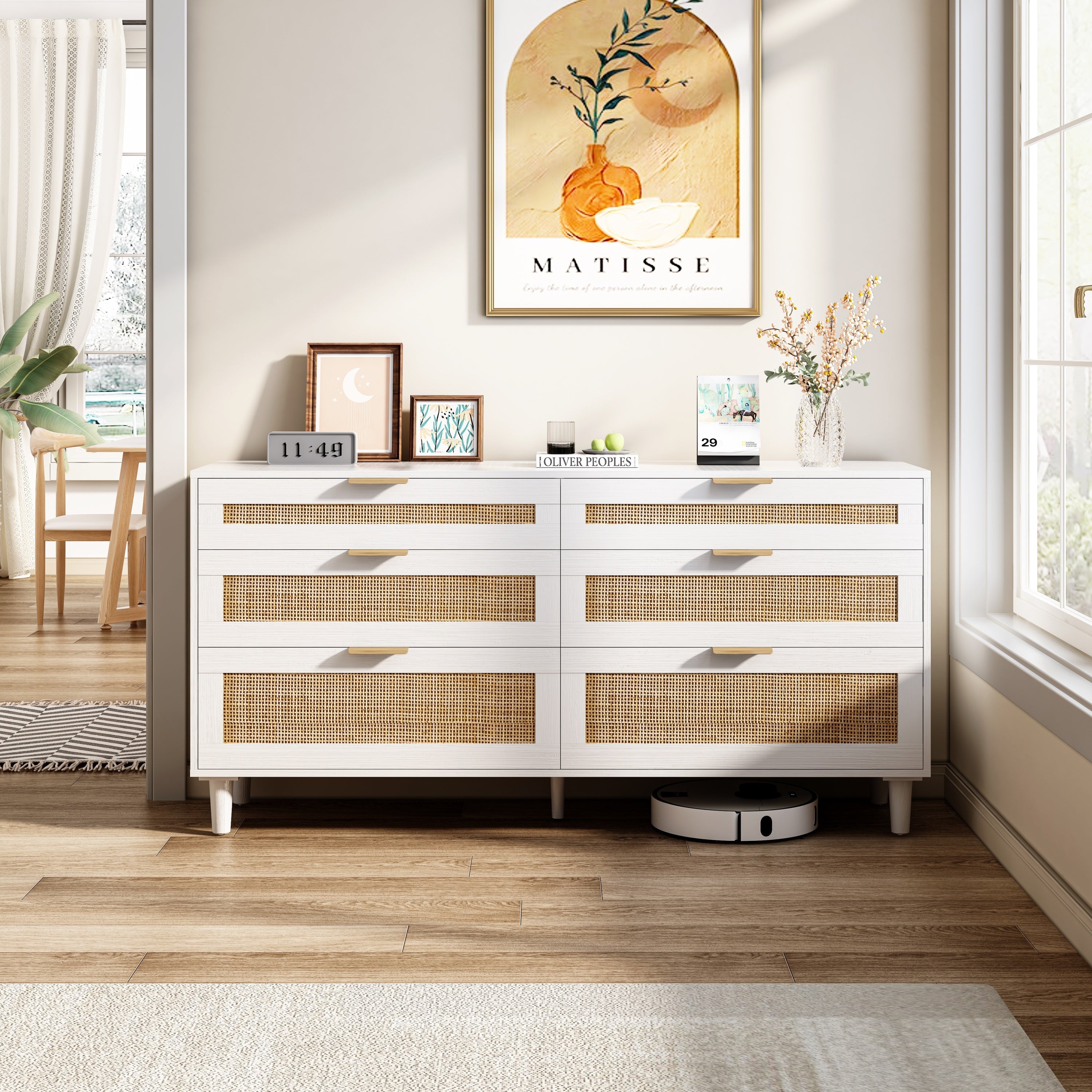 White Rattan Dresser with 6 Drawers, Metal Handles & Wood Legs