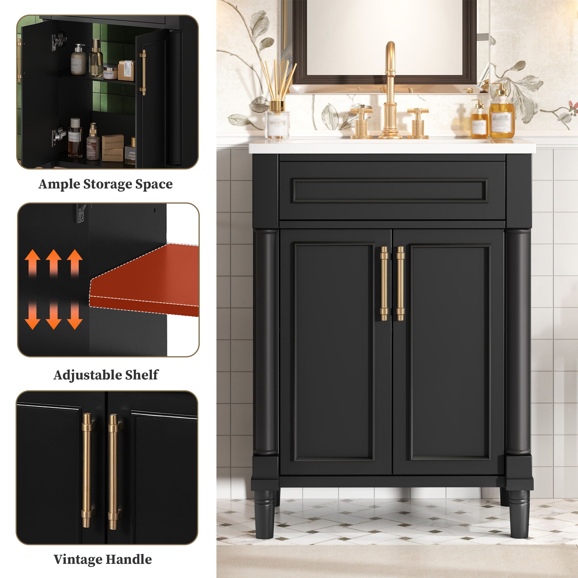 Bathroom Vanity With Integrated Sink, 2 Door Cabinet - Black