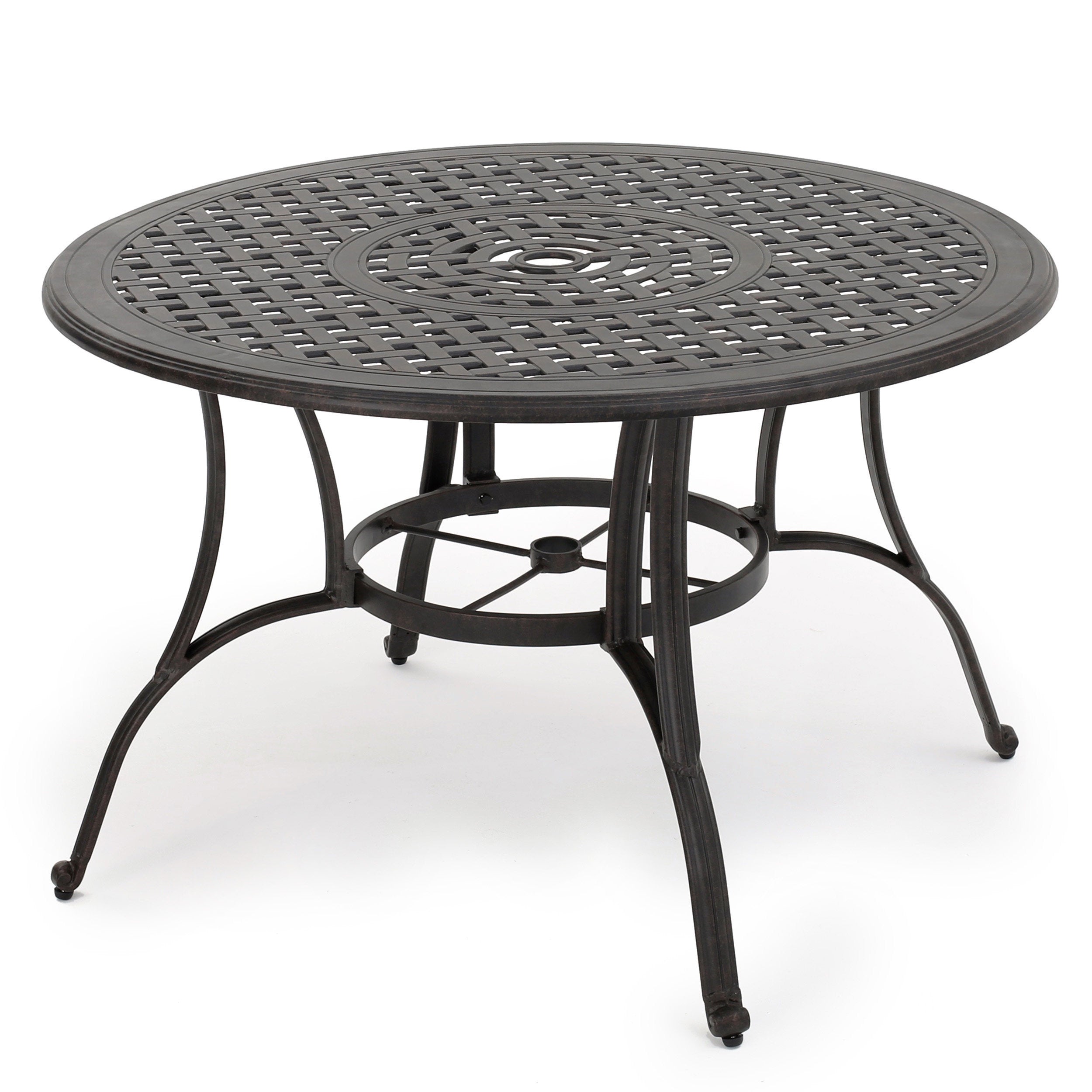 Outdoor cast aluminum circular dining table, bronze