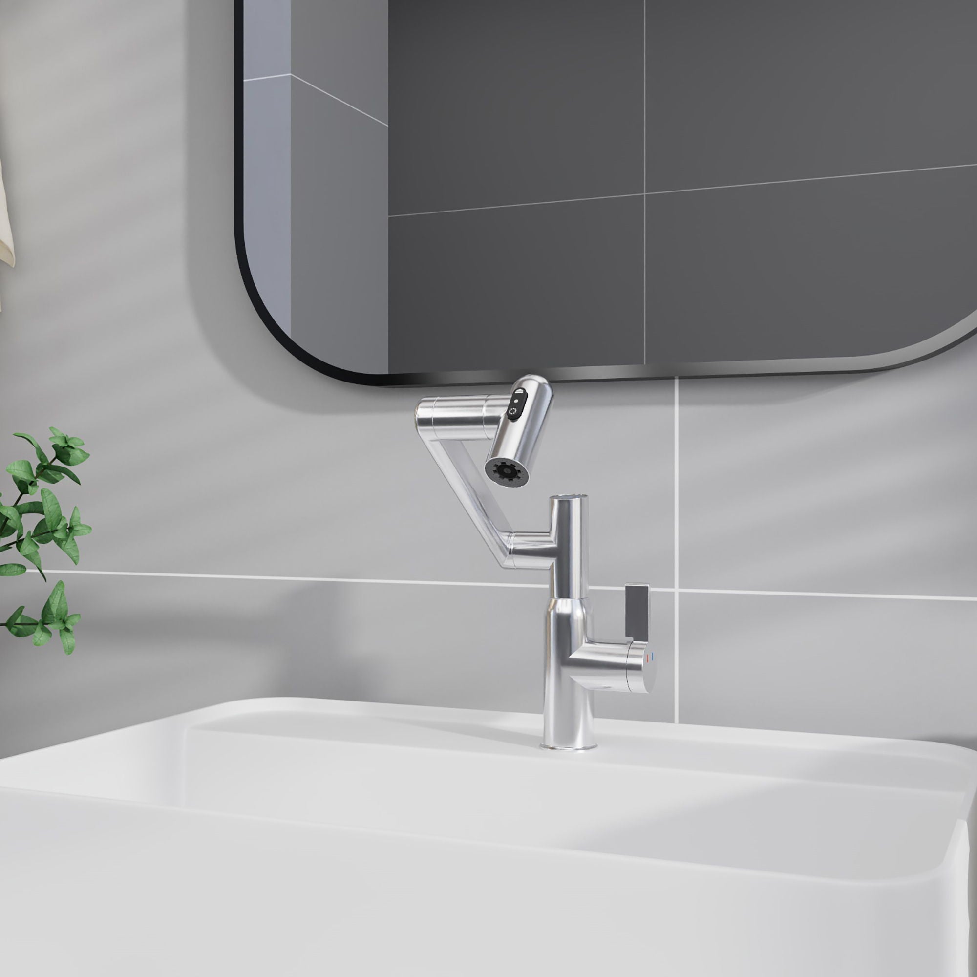 Bathroom Sink Faucet With Spray Function And Temperature Display, Anti Skid Switch, 360 Degree Rotary, Brass Material - Chrome