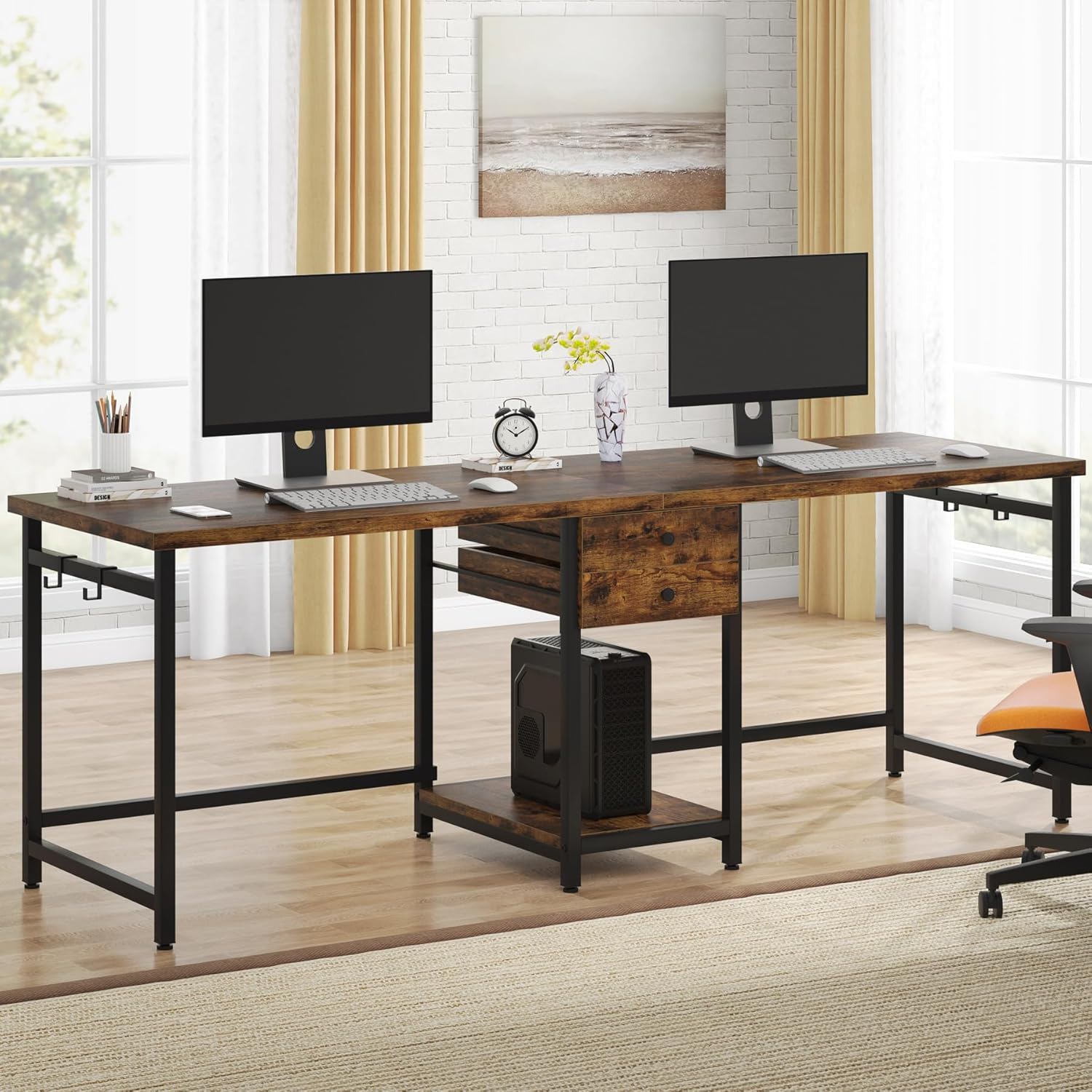 2 Person Computer Desk With Drawers And Shelves, Extra Long Double Workstation