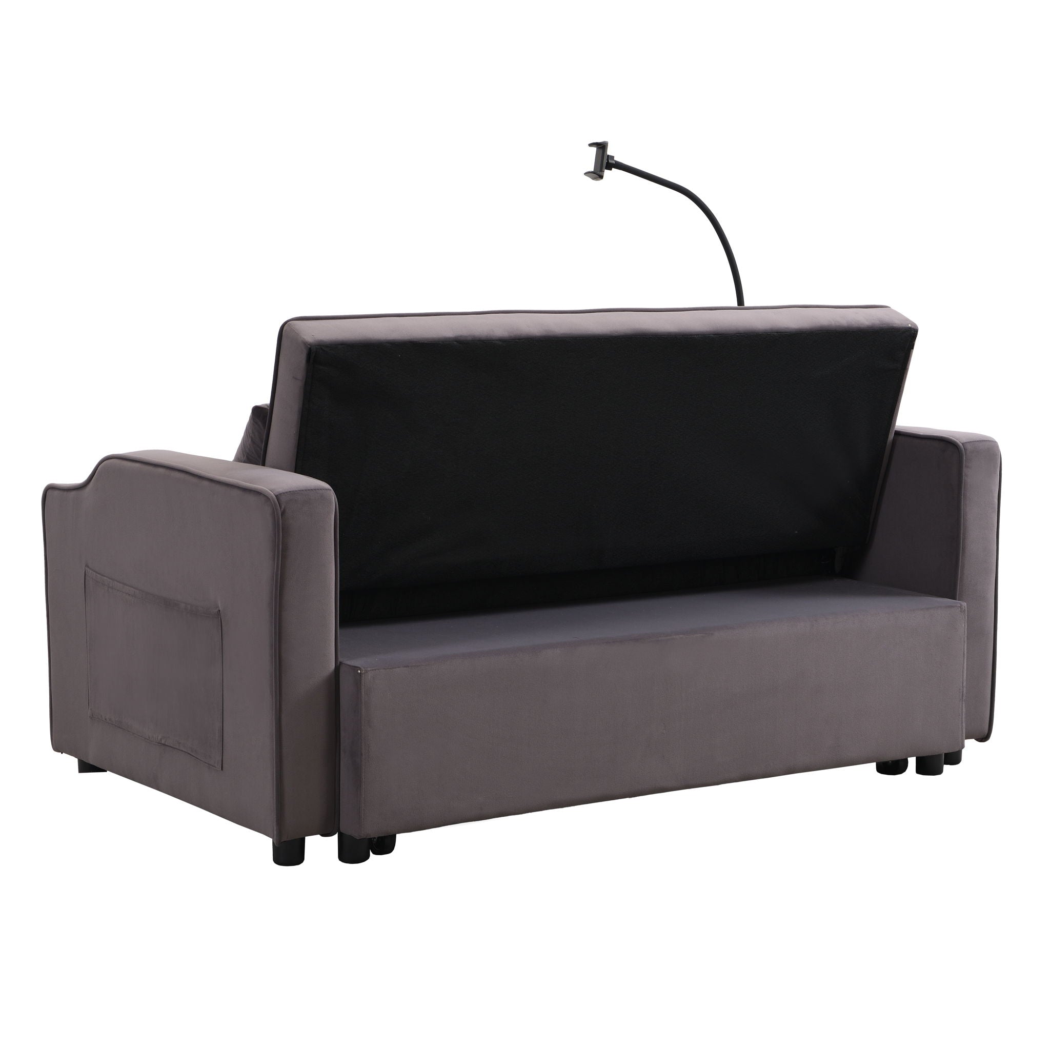 Modern Velvet Loveseat With Pullout Bed, Adjustable Reclining Backrest