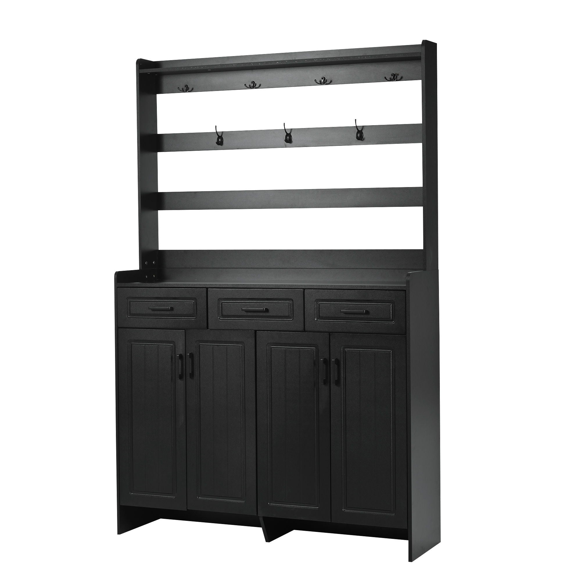Minimalist 4 Door Shoe Cabinet With Coat Rack, 3 Drawers, 8 Shelves, Metal Hooks And Handles