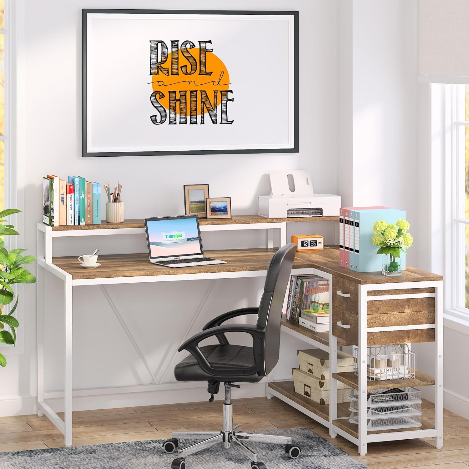 L-Shaped Home Office Desk With Monitor Riser, Drawers, And Storage Shelves