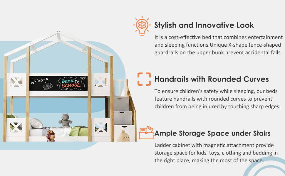 Twin Over Twin House Bunk Bed With White Storage Staircase And Blackboards - White