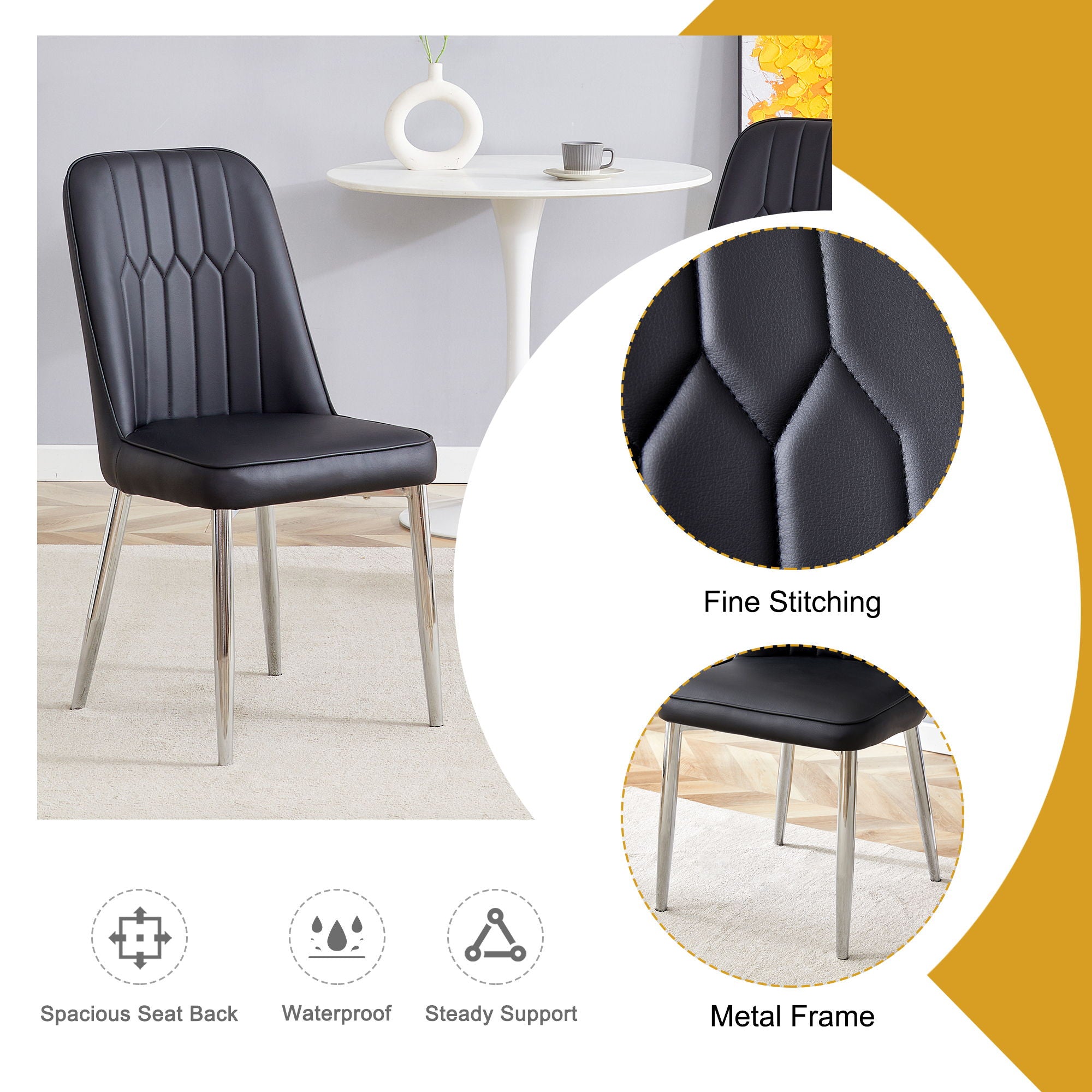 Modern Dining Chairs (Set of 4) With Backrest And Silver Metal Legs For Home And Office - Black
