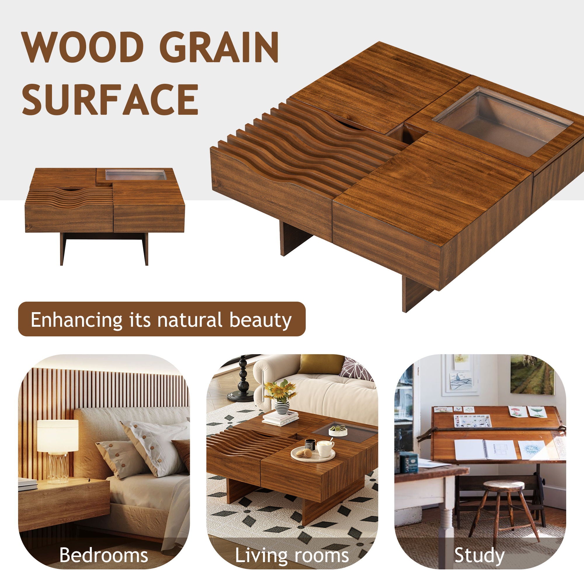 Unique Square Coffee Table With 3 Drawers