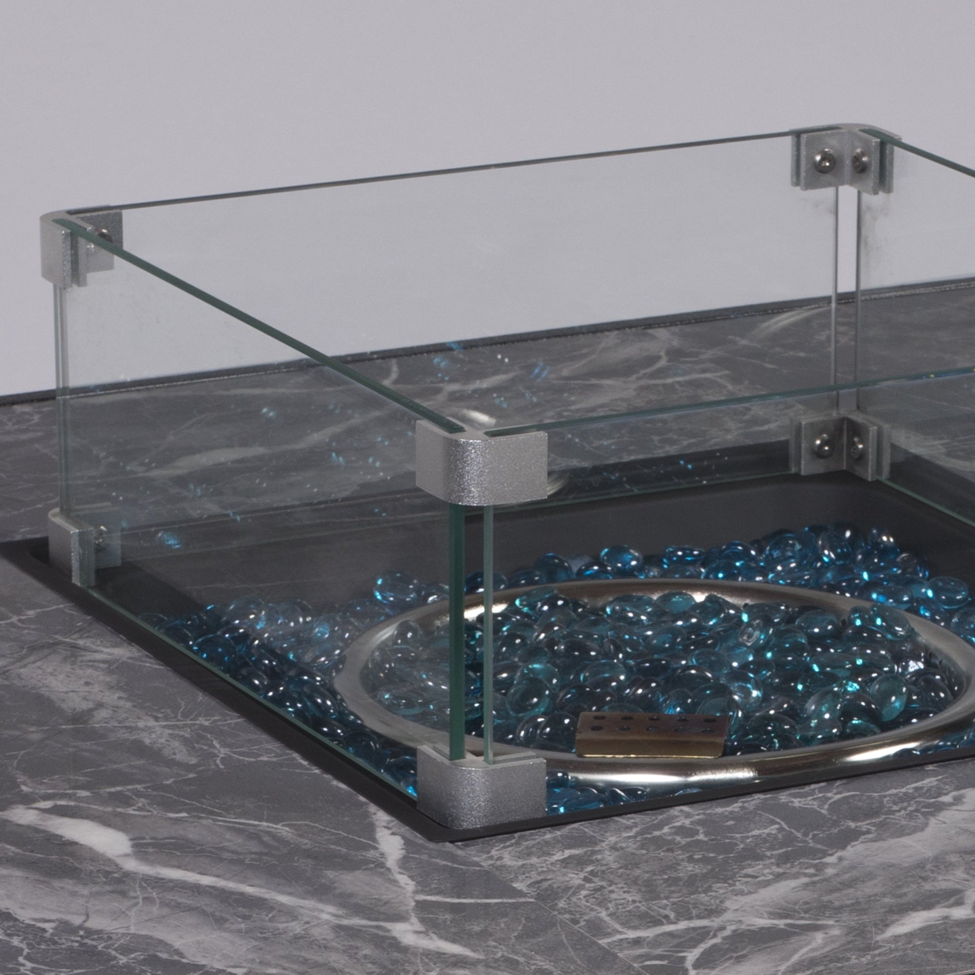 32inch Outdoor Square Propane Fire Pit Table with Blue Glass Beads, Rain Cover and Glass Wind Guard - Tuesday Morning - Fire Pits