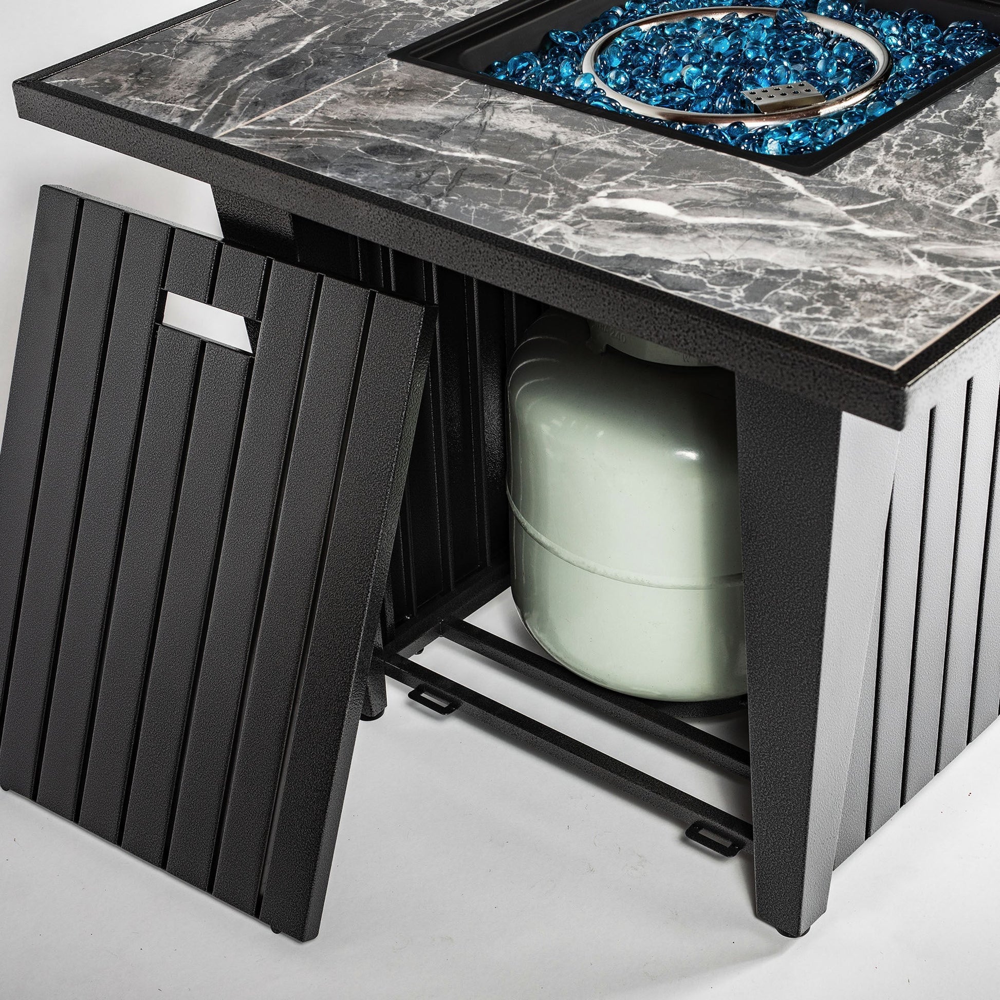 32inch Outdoor Square Propane Fire Pit Table with Blue Glass Beads, Rain Cover and Glass Wind Guard - Tuesday Morning - Fire Pits