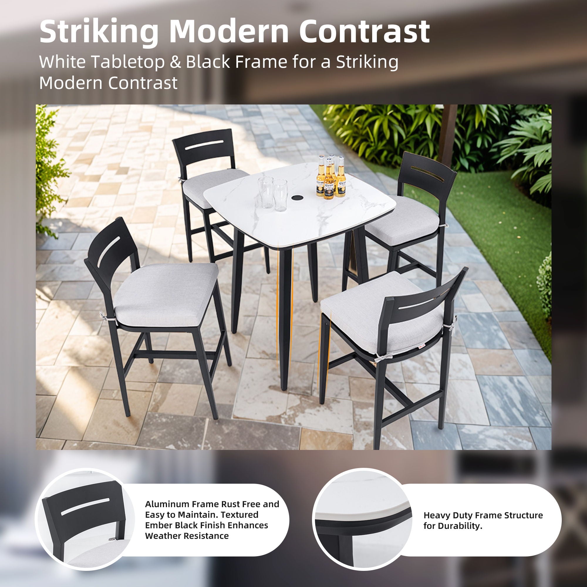 Modern Outdoor Bar Table, Rounded Square Sintered Stone Top With Umbrella Hole, Rust Free Frame, Weatherproof - Ember Black / White