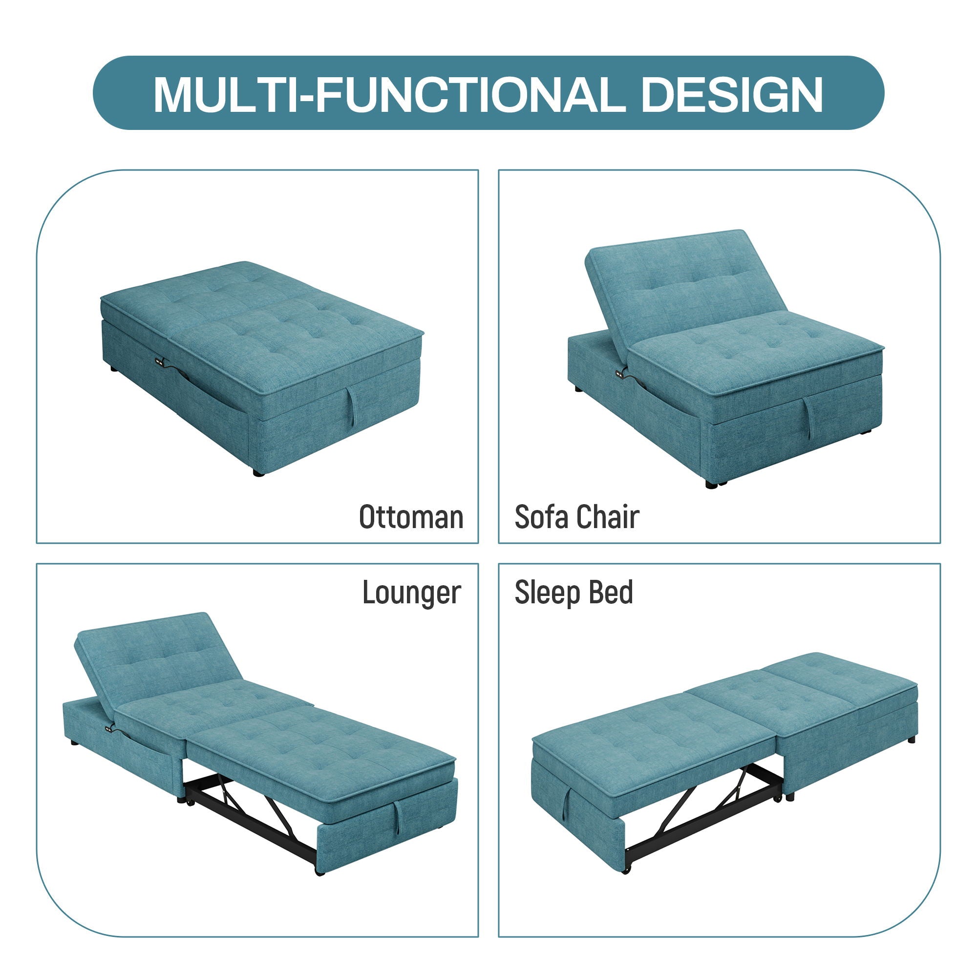 4 In 1 Sofa Bed, Multi Function Folding Ottoman Bed With Storage Pocket And USB Port For Small Room Apartment