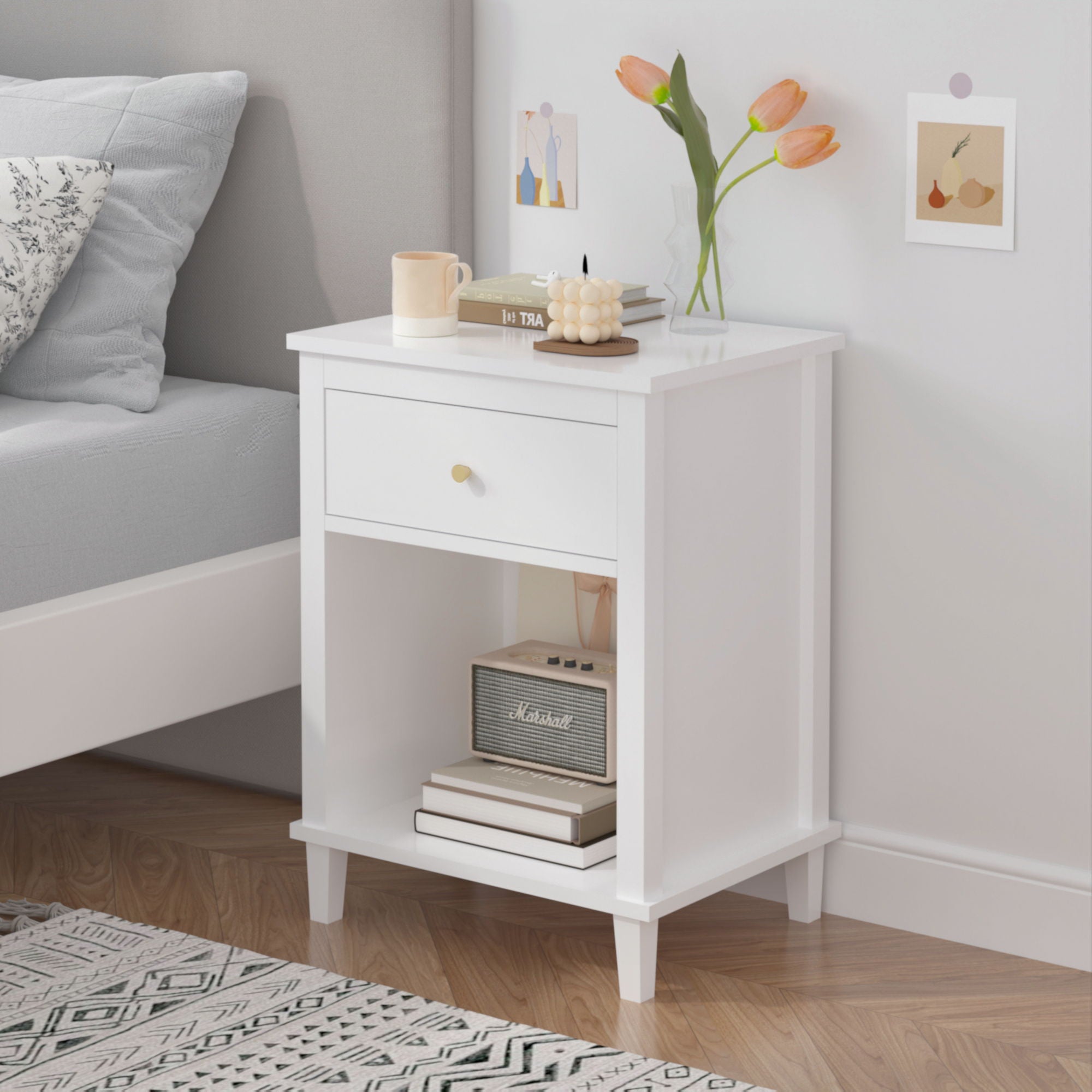 Nightstand & 1 Drawer And 1 Shelf - White