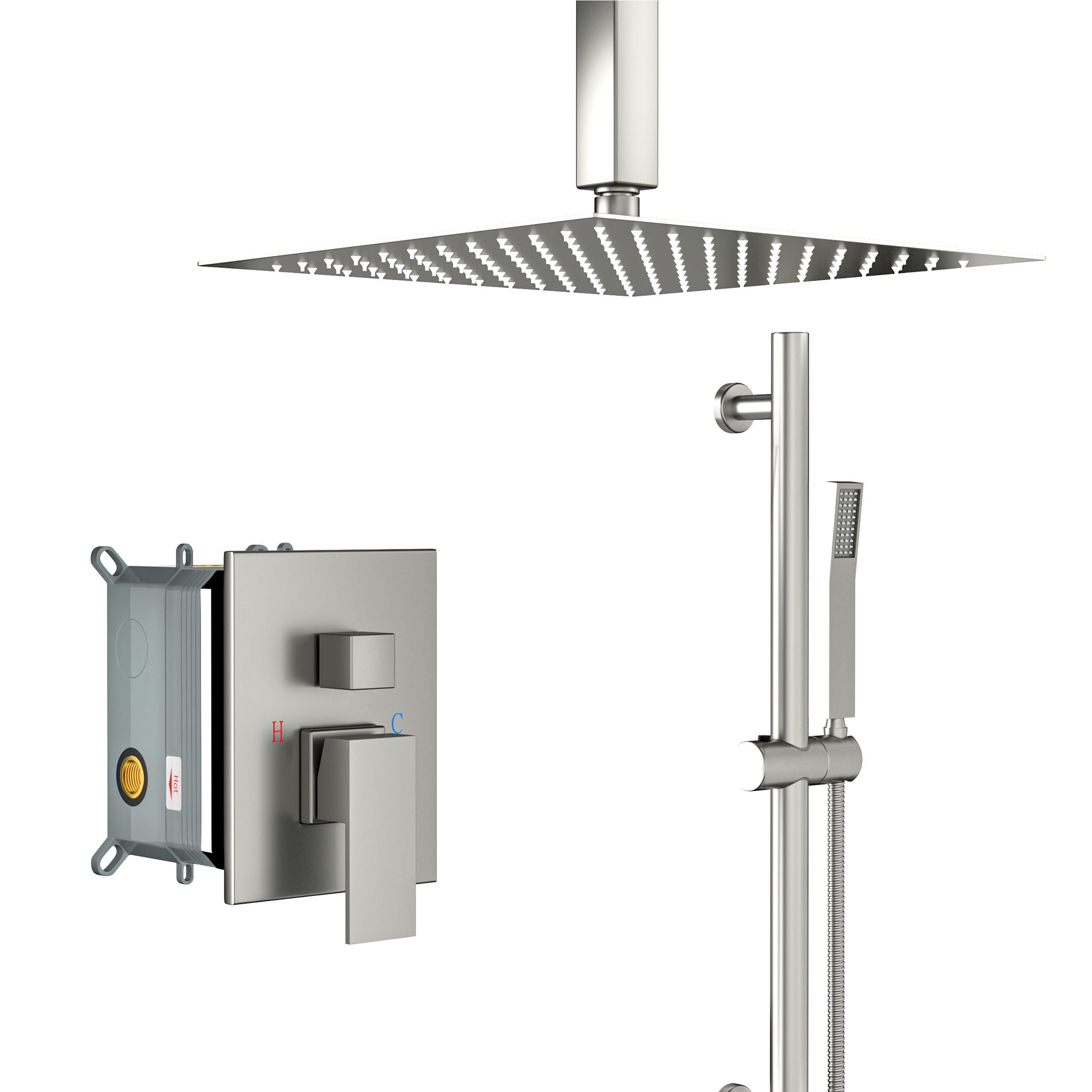 Ceiling Mounted Square Shower System With Adjustable Slide Bar, 16" Rainfall Shower With Handheld - Brushed Nickel