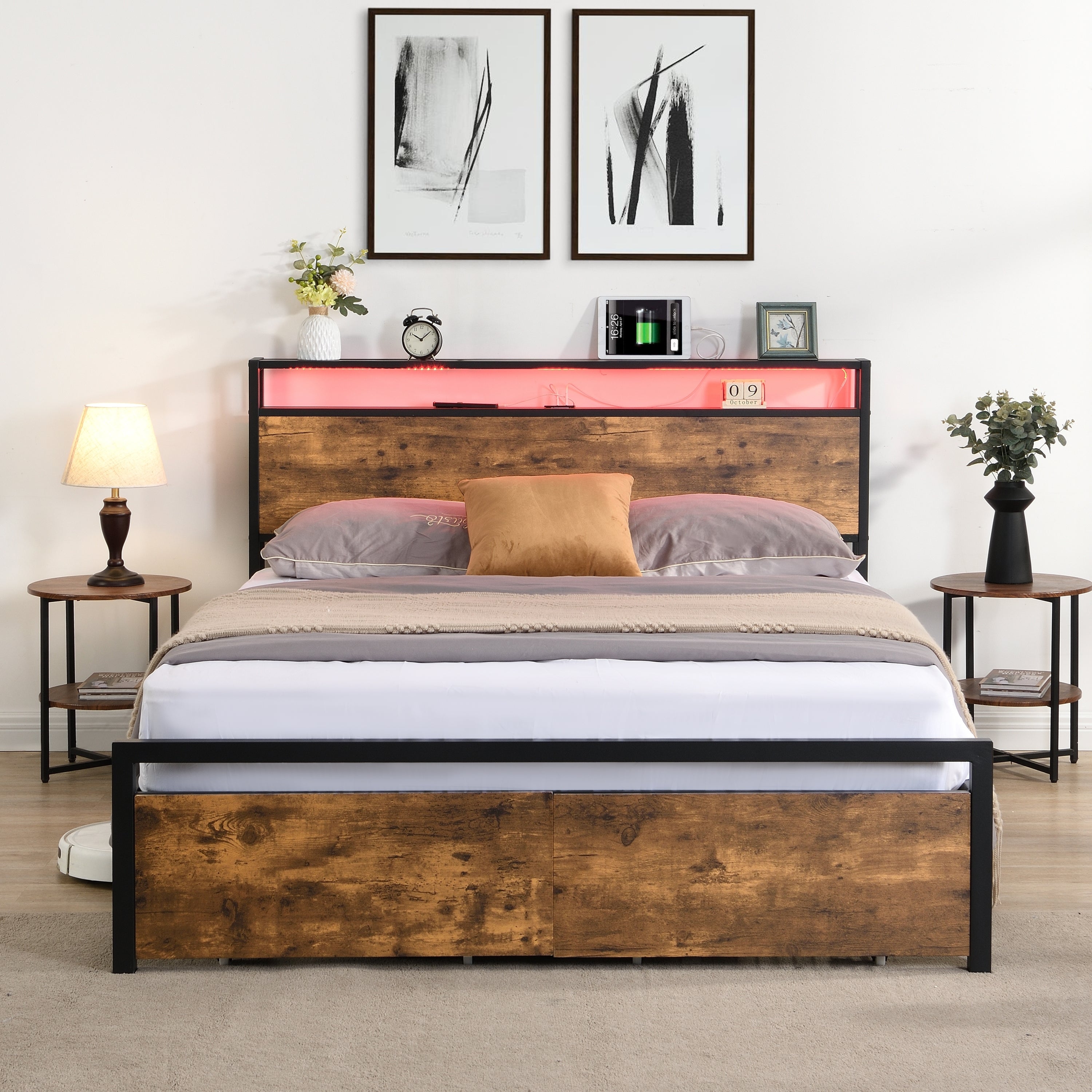 Bed frame with storage, led headboard, drawers & usb port