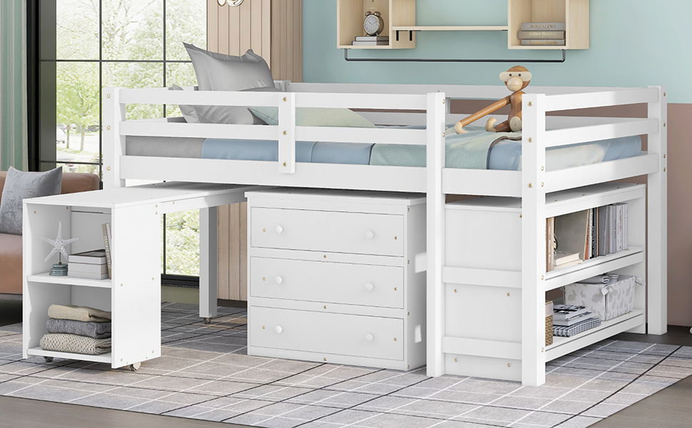 Loft Low Study Bed With Cabinet, Shelves And Rolling Portable Desk, Multiple Functions