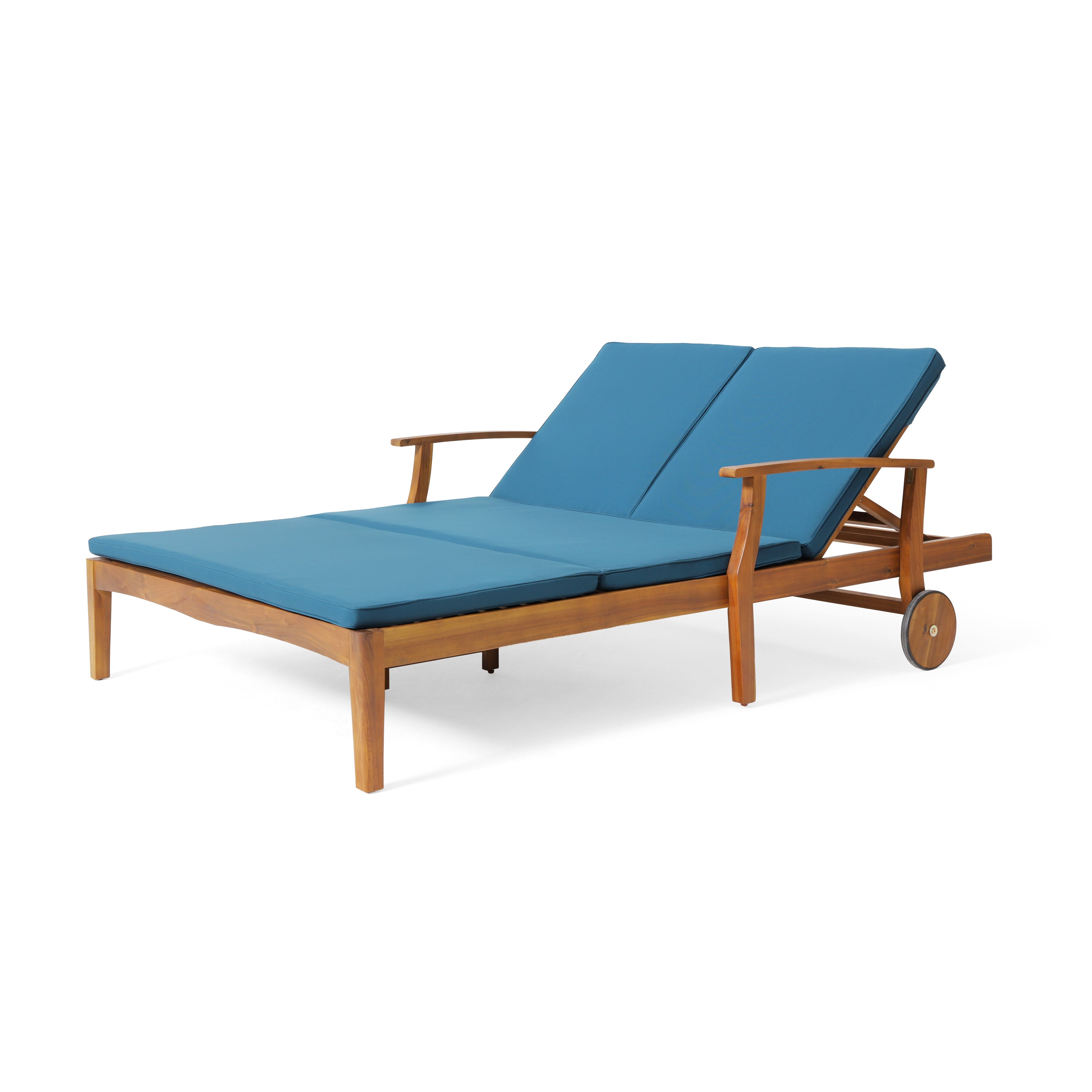 Etherealize Outdoor Adjustable Double Chaise Lounge with Water-Resistant Cushions, Teak and Blue