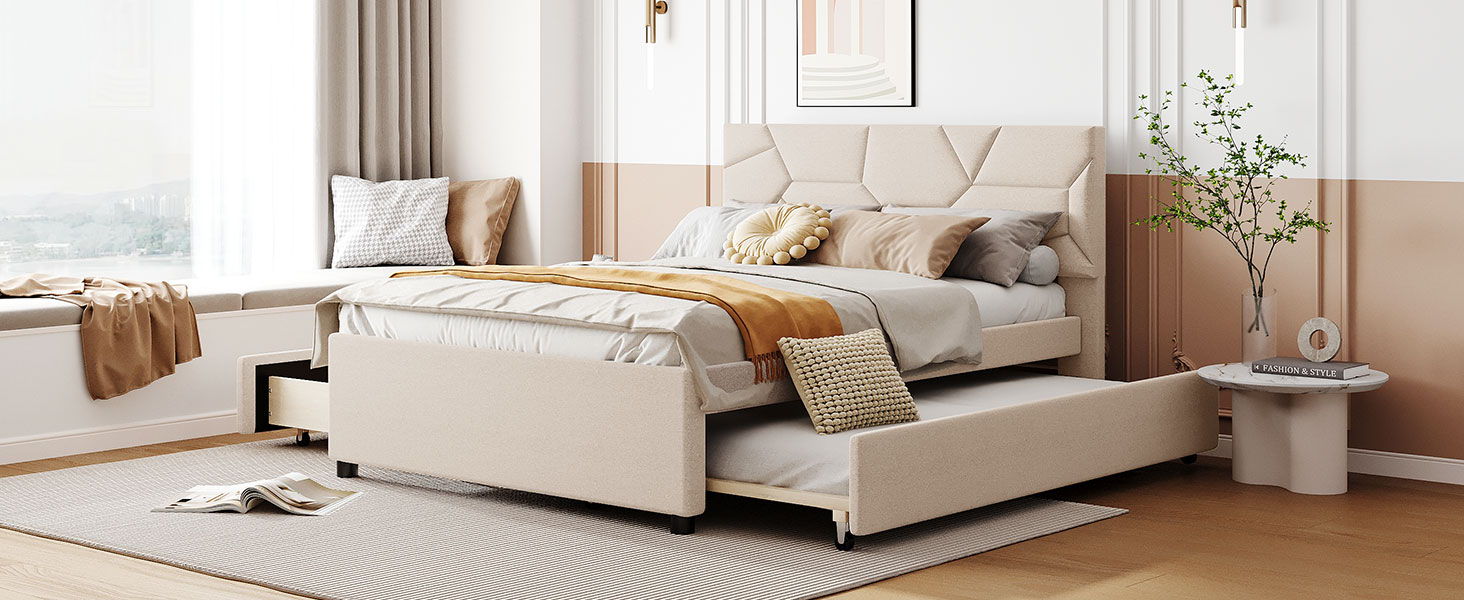 Upholstered Platform Bed With Brick Pattern Headboard And Twin Long Size Trundle
