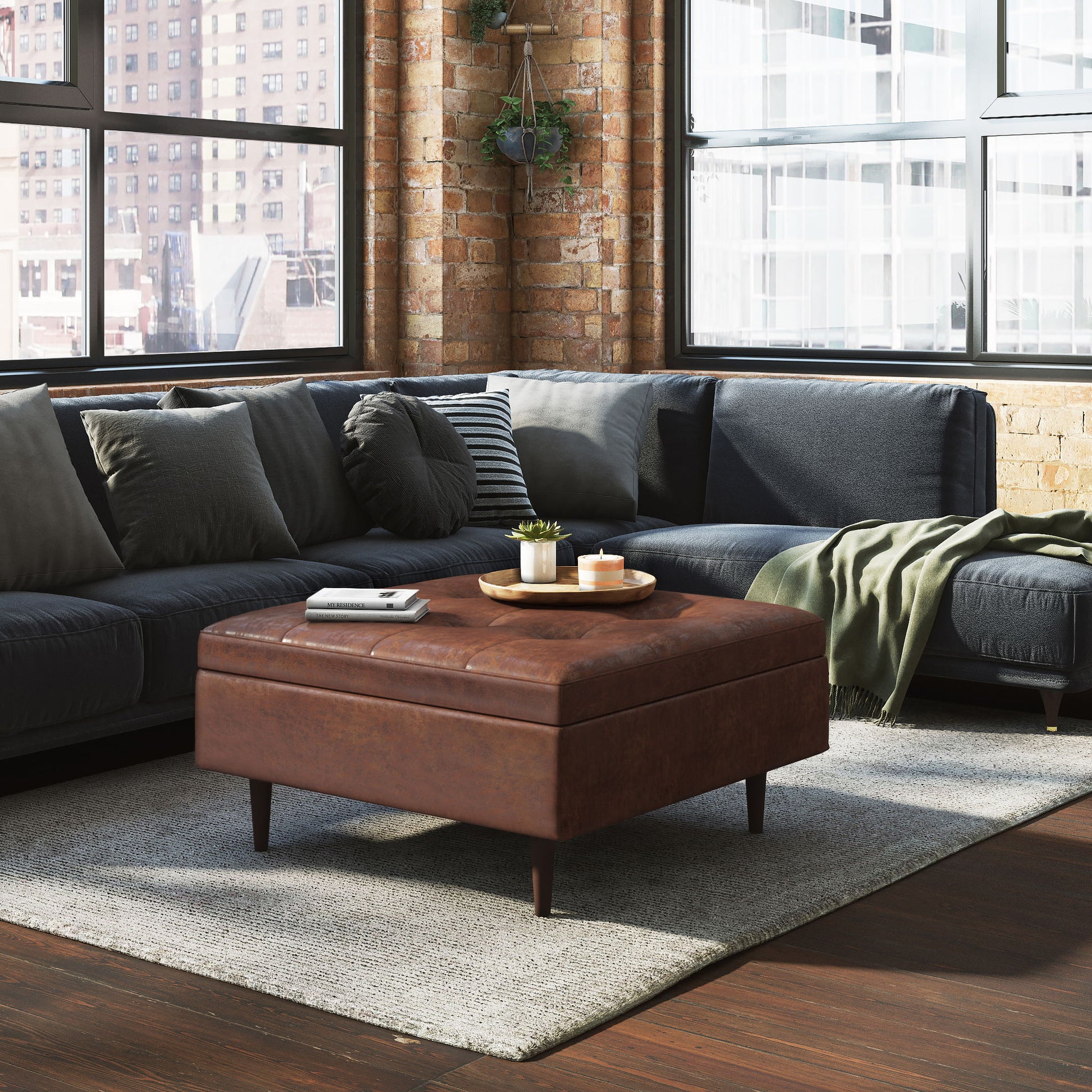 Shay - Large Square Coffee Table Storage Ottoman Mid-Century Style - Best Buy Furniture