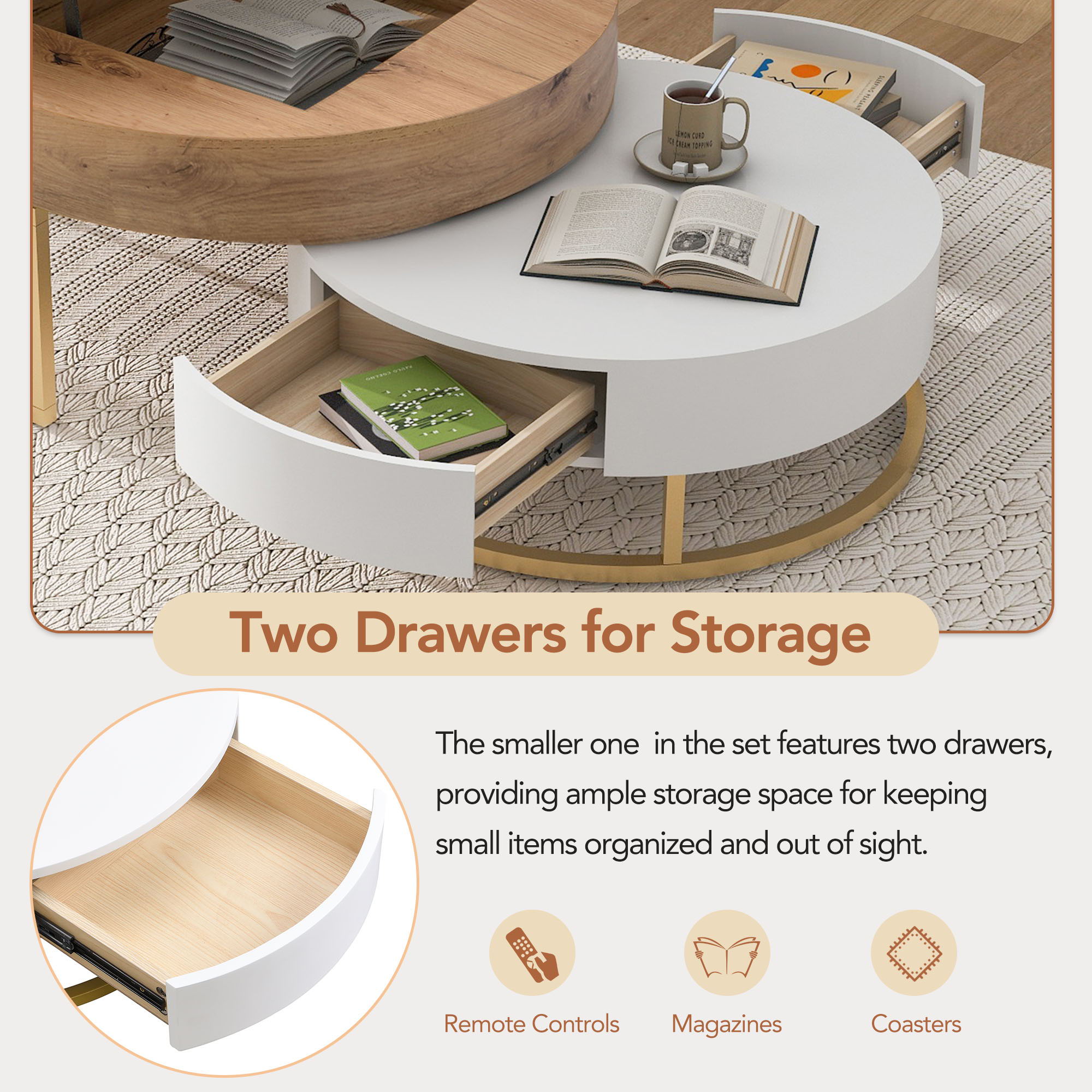 Modern Round Lift-Top Nesting Coffee Tables With 2 Drawers