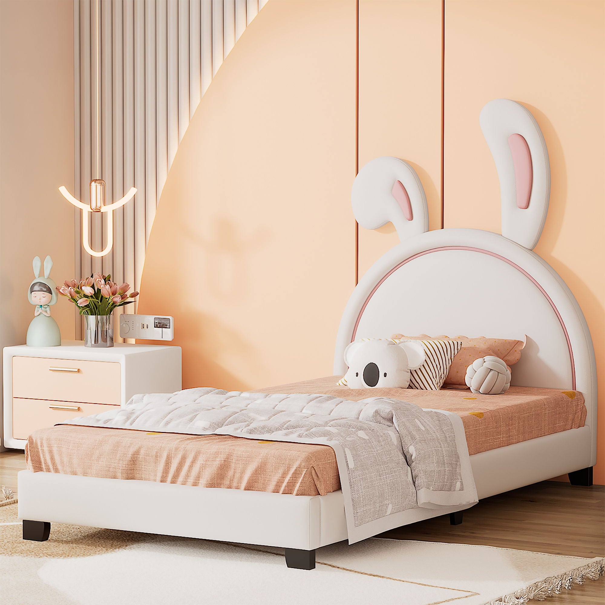 Upholstered Leather Platform Bed With Rabbit Ornament
