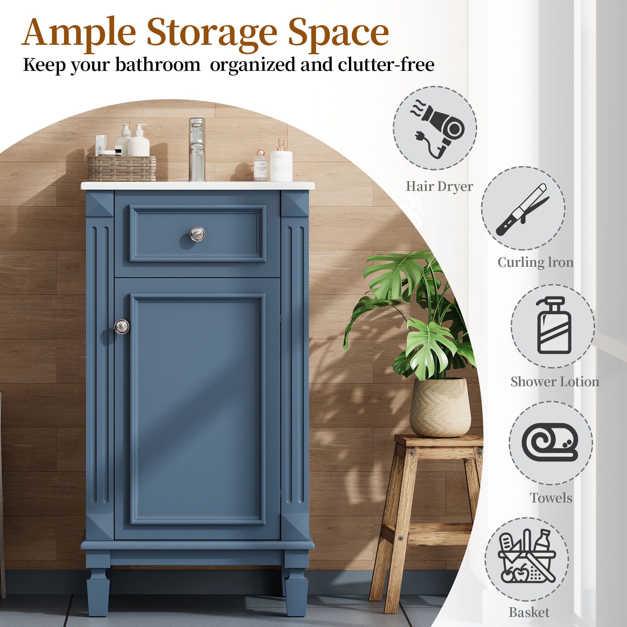 Bathroom Vanity With Sink, Freestanding Single Vanity Set, Soft-Closing Door, Adjustable Shelf - Blue