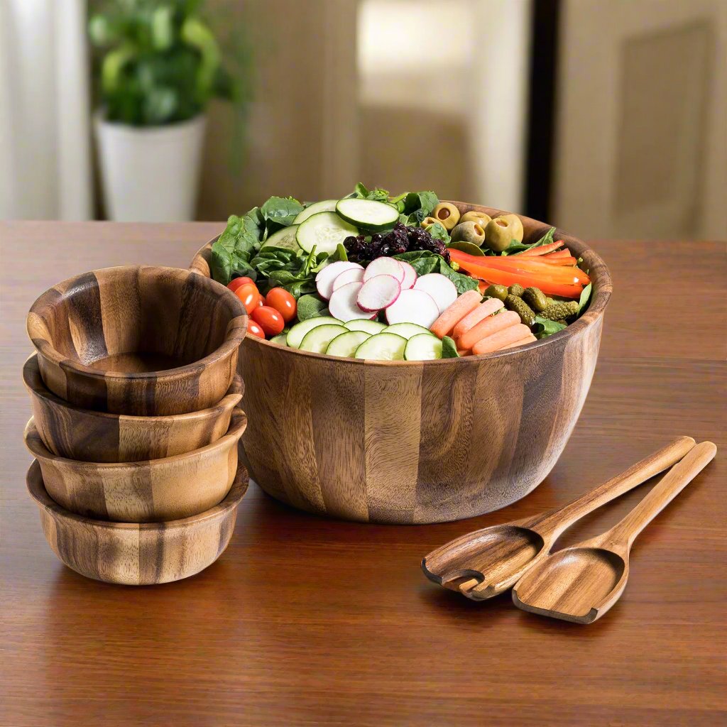 Extra Large Salad Bowl with Servers and 4 Individual Bowls