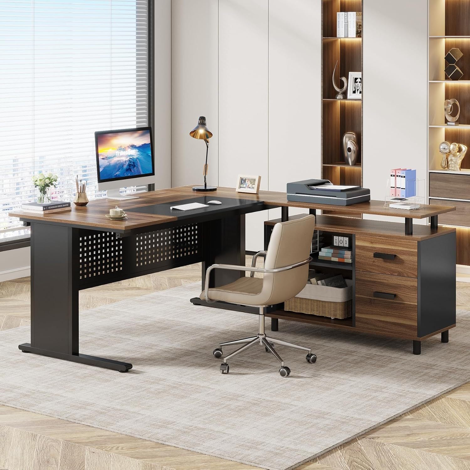 63' L-Shaped Executive Desk with File Cabinet, Large Modern Office Desk with Drawers, Shelves & Storage, Corner Computer Workstation for Home Office, Business Desk in Rustic Brown and Black
