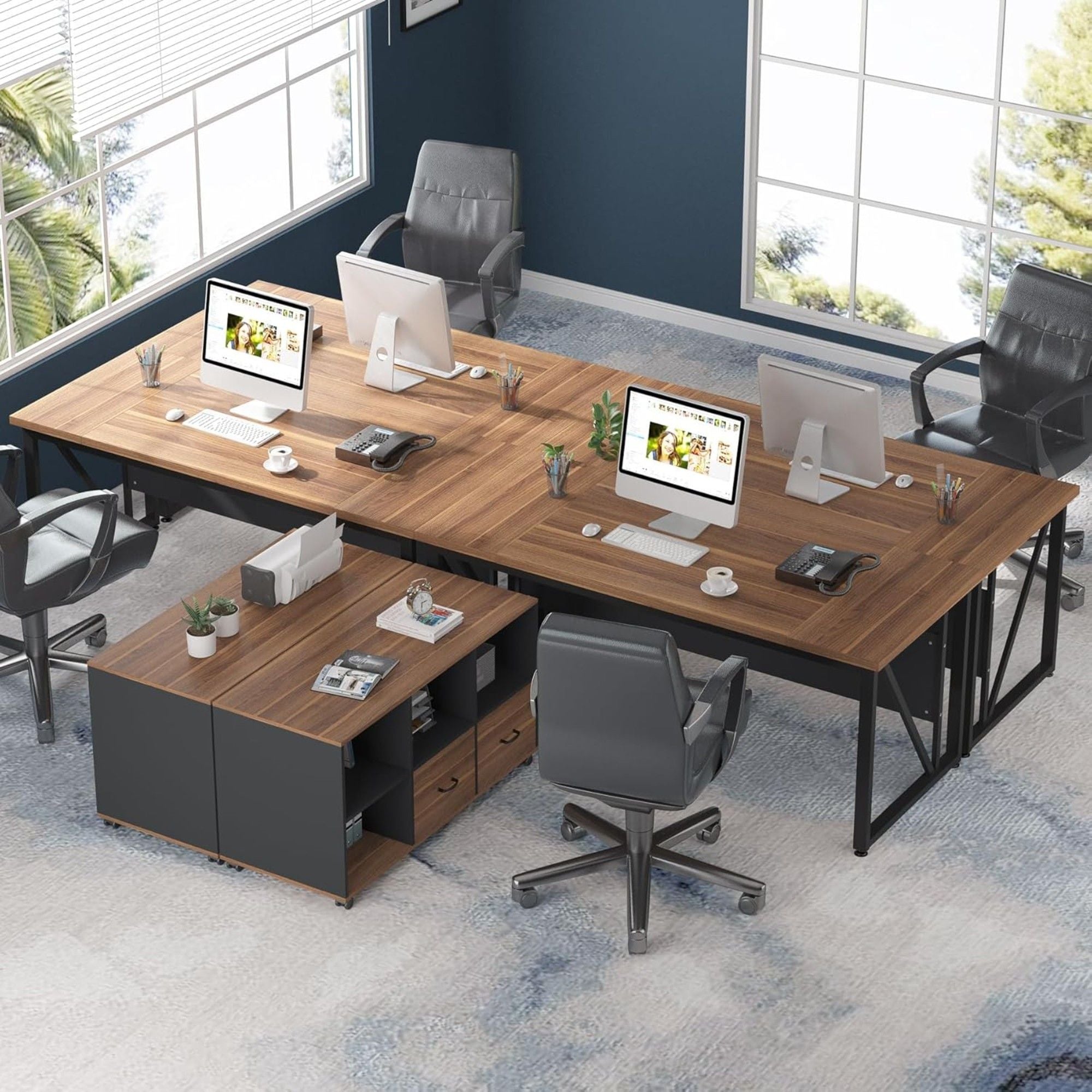 L-Shaped Executive Desk With Mobile File Cabinet, Large Home Office Workstation With Drawers And Shelves - Brown / Black