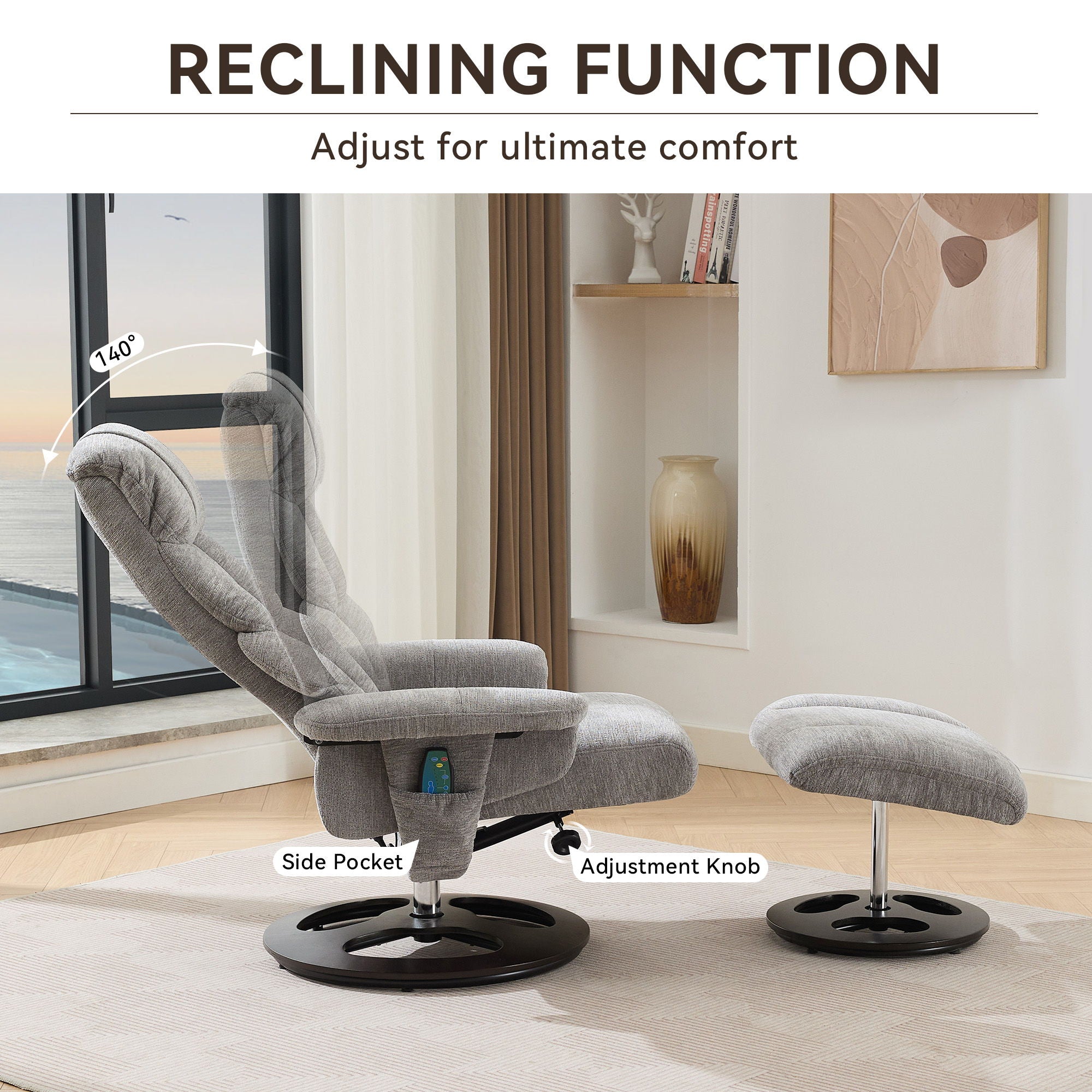 Ergonomic Recliner Chair With Ottoman, Modern 360° Swivel With Footstool