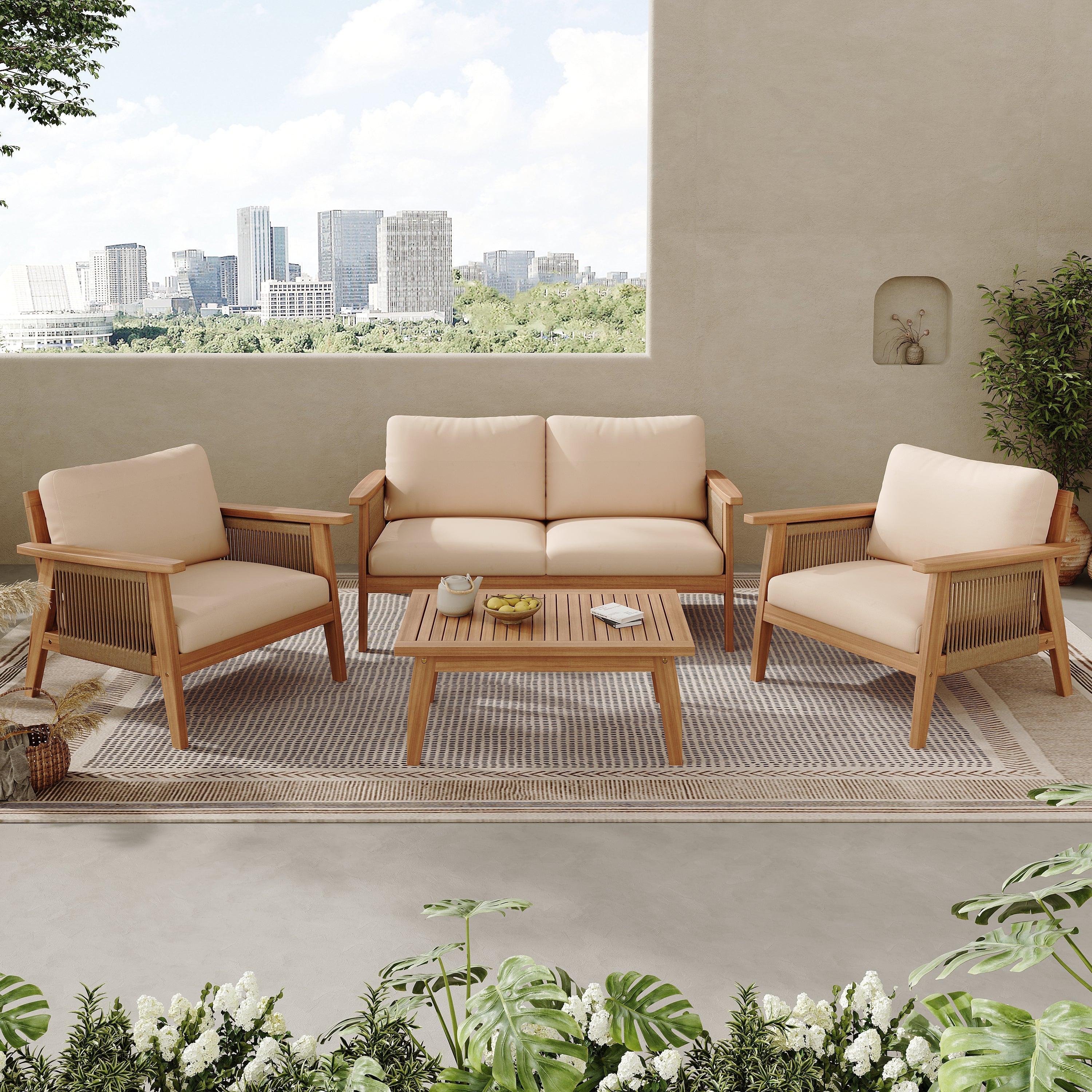 Outdoor 4pc Acacia Wood and Rope Sectional Patio Sofa Set