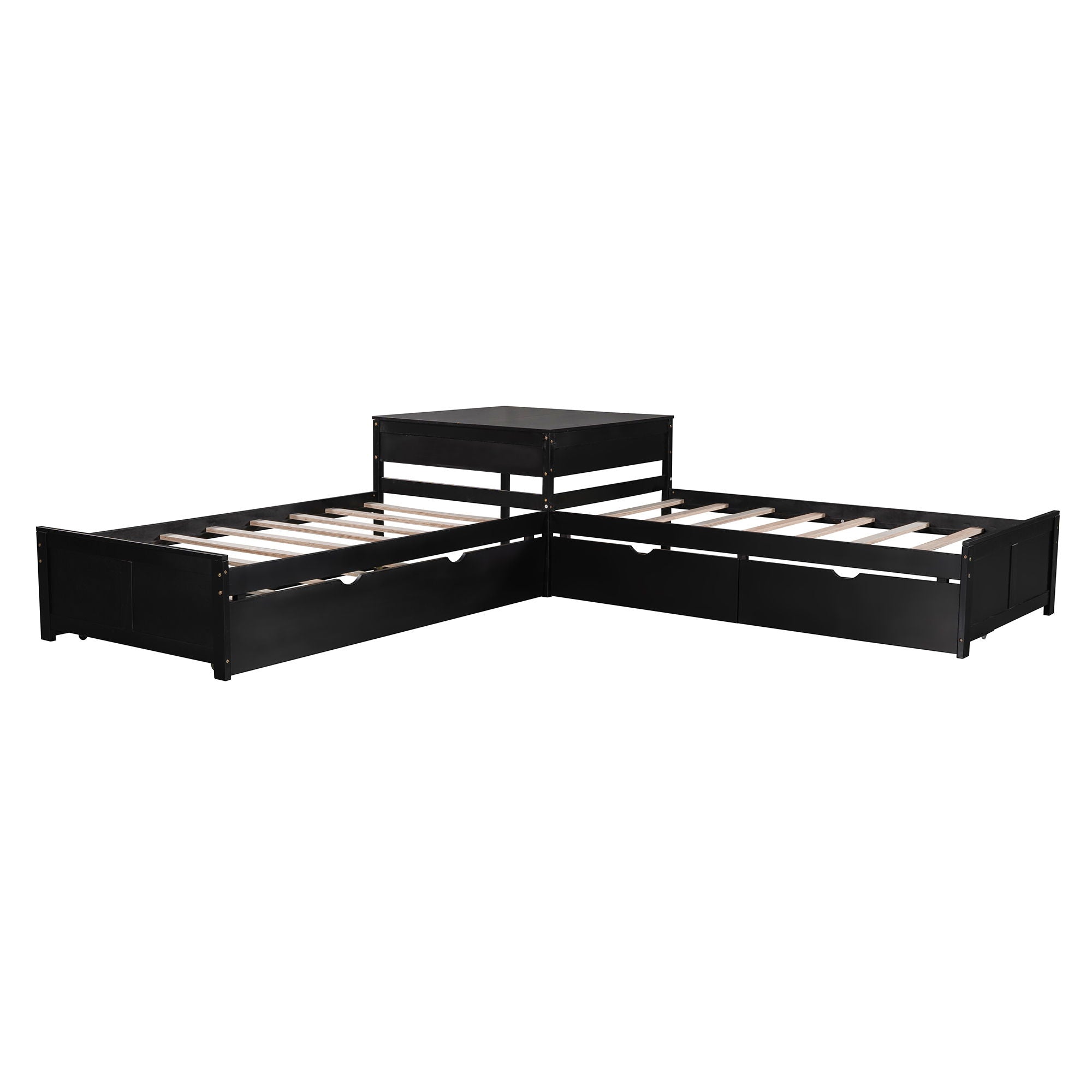 L Shaped Platform Bed With Trundle And Drawers Linked With Built In Desk