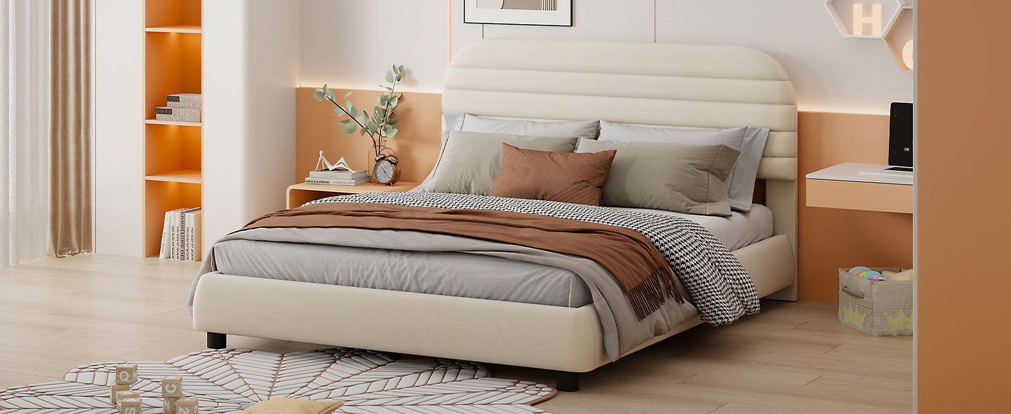 Upholstered Platform Bed Frame And Stylish Curve Shaped Design