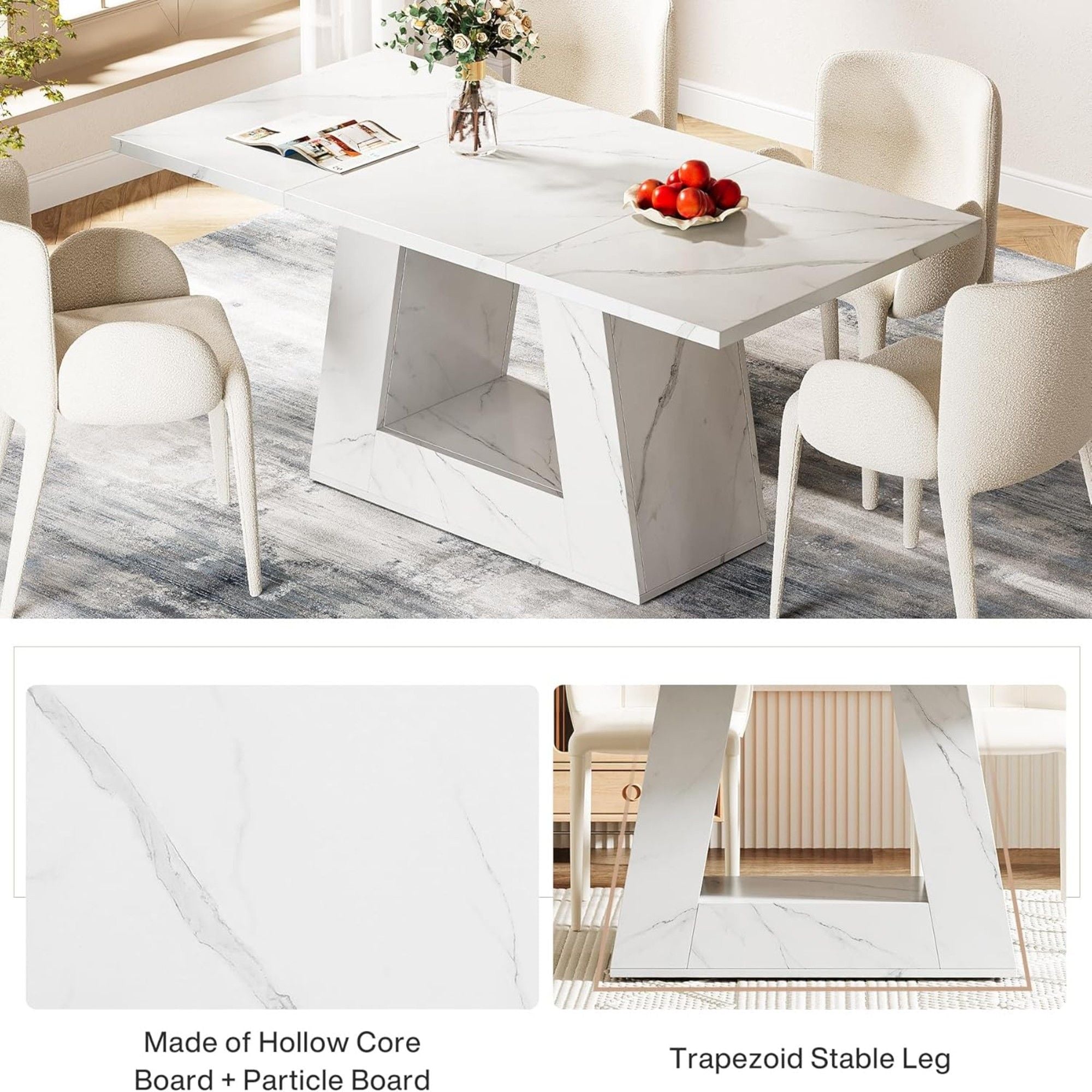 Dining Table For 4 To 6 People, With Trapezoid Base For Dining Room - White
