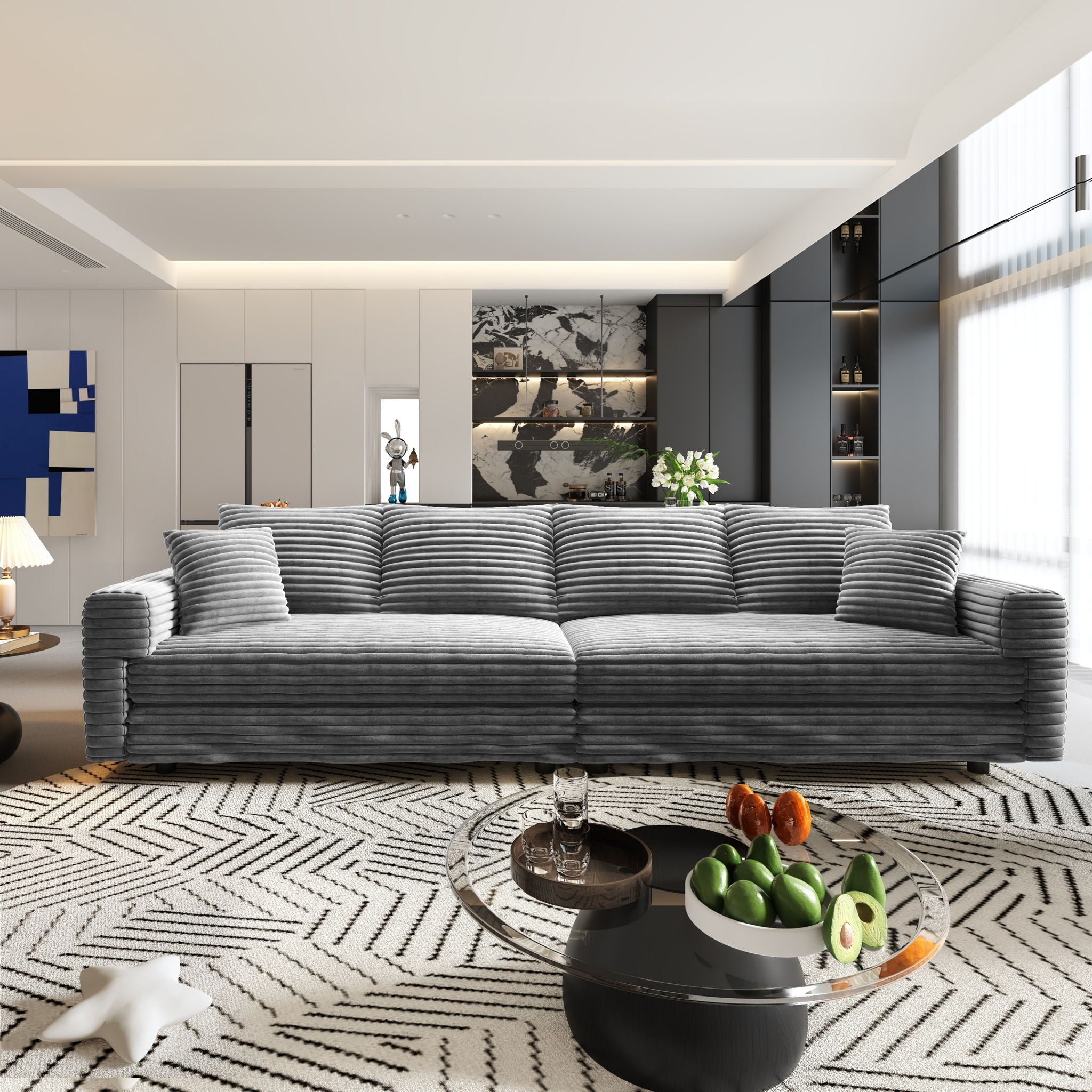 Plush Corduroy 4 Seat Sofa With Soft Pillows And Movable Ottoman