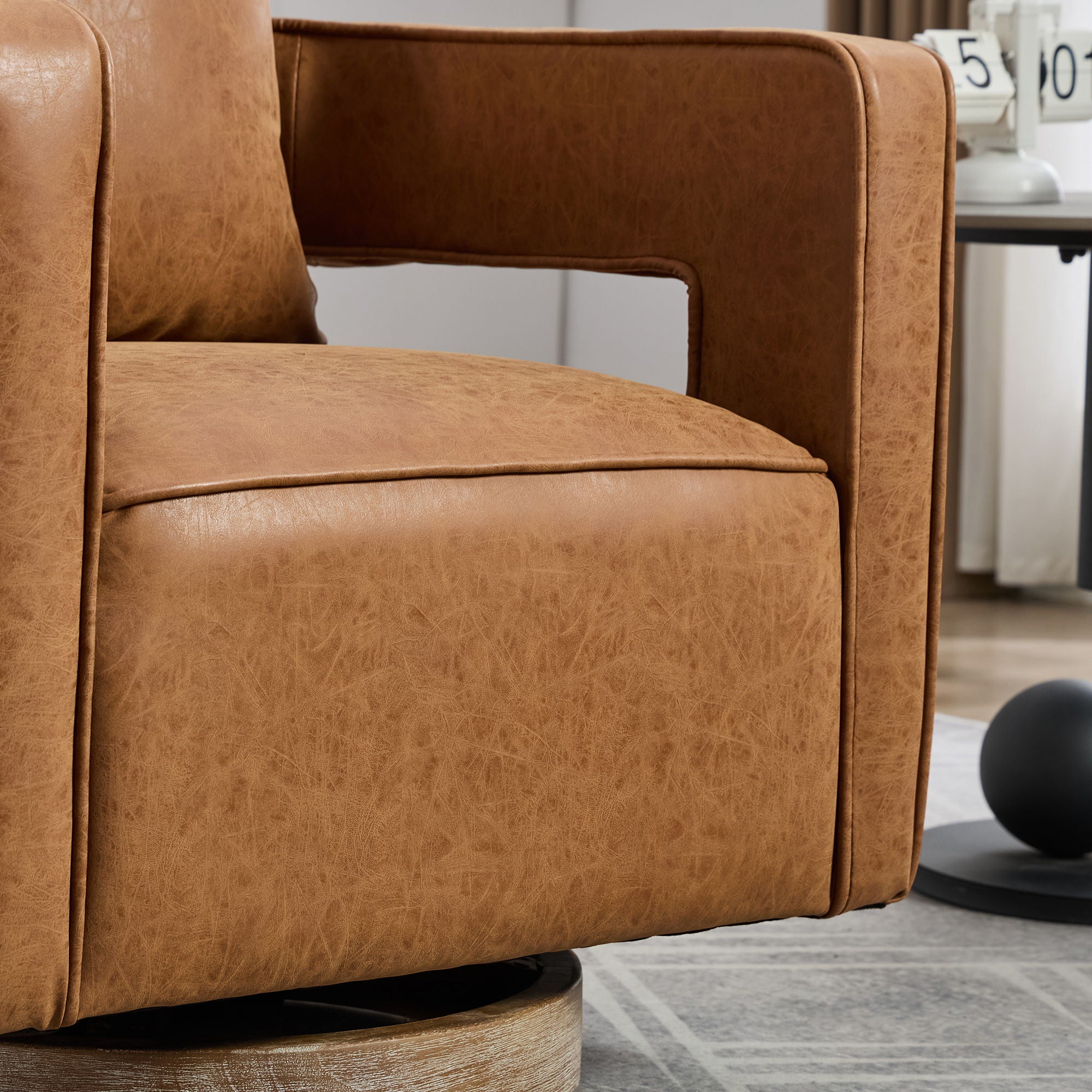 Swivel Accent Open Back Barrel Chair With Weathered Base