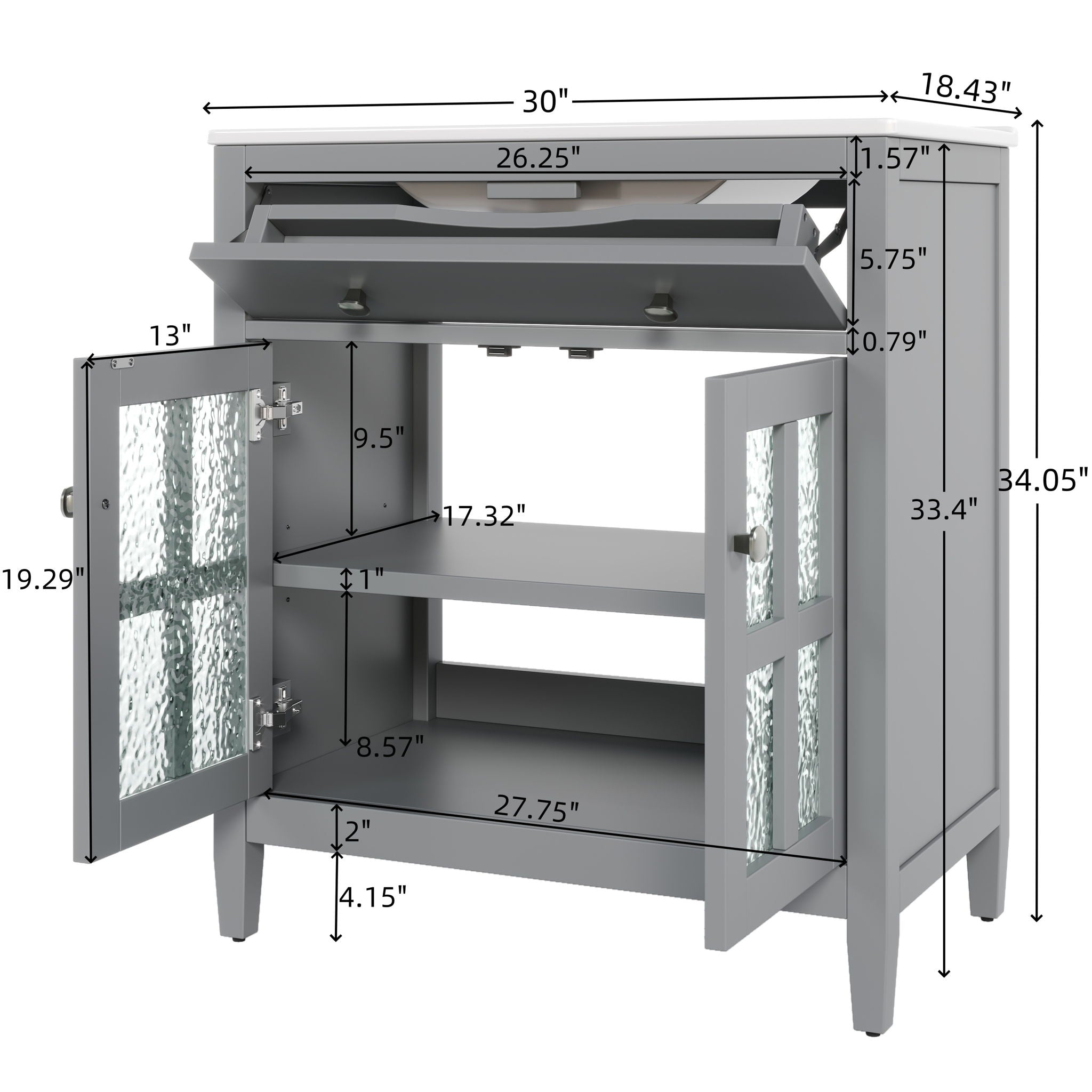 Bathroom Vanity With Ceramic Sink, Adjustable Shelf & Tip Out Tray