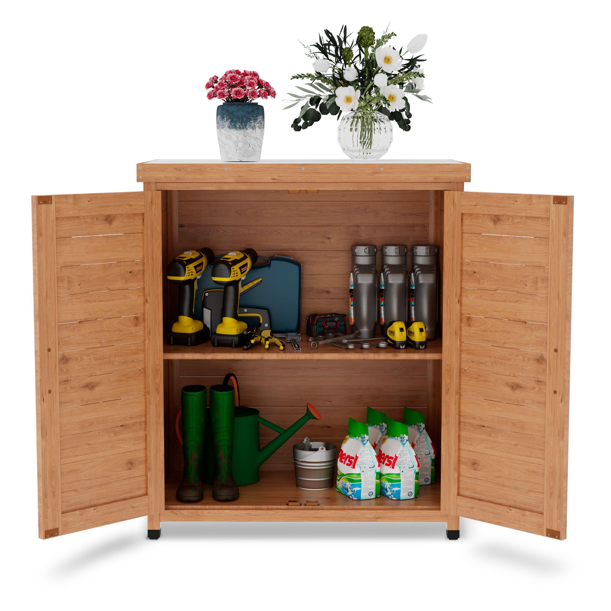 Rustic Cedar Potting Bench With Storage Cabinet And Metal Table Top For Outdoor Patio - Light Brown